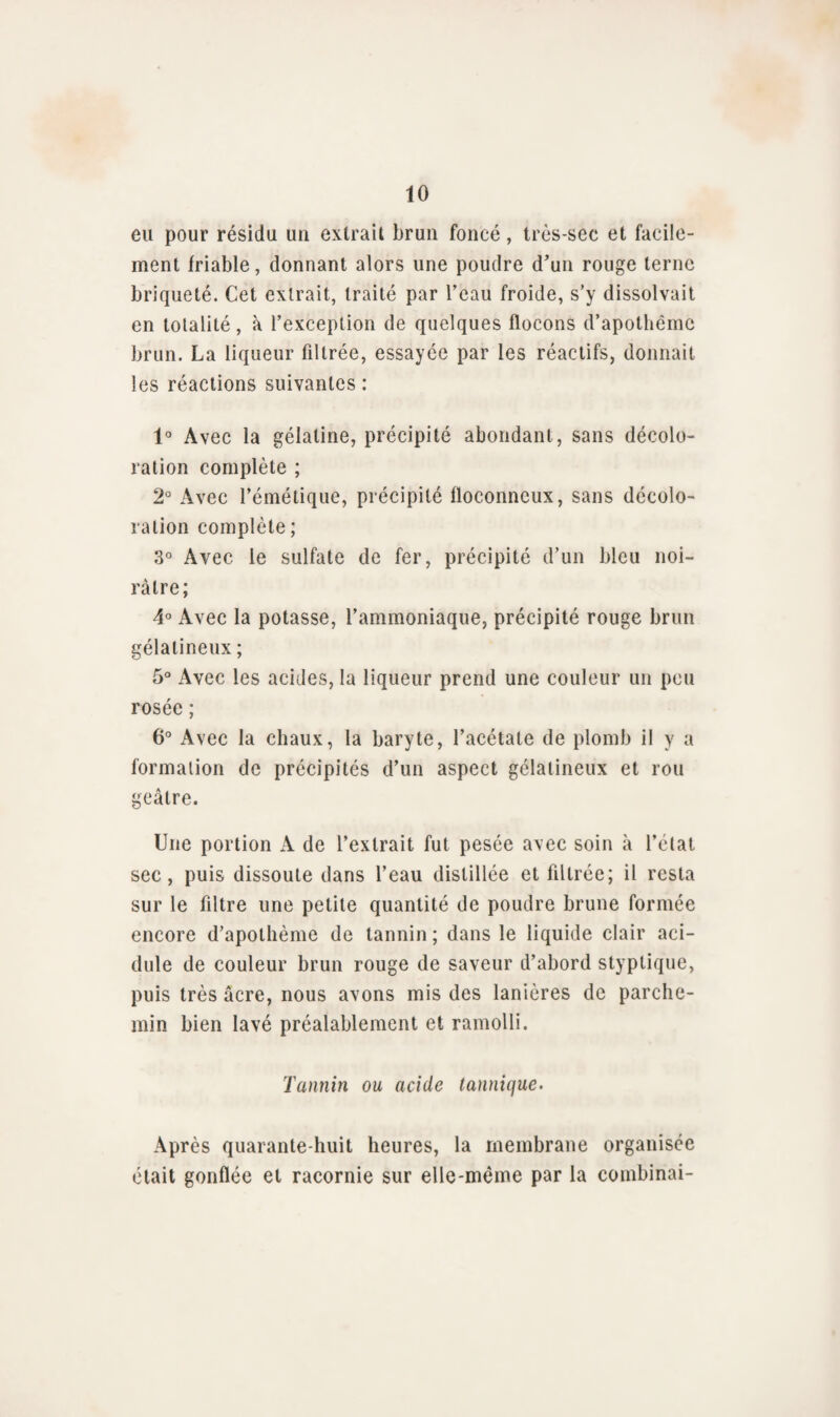 eu pour résidu un extrait brun foncé, très-sec et facile¬ ment friable, donnant alors une poudre d’un rouge terne briqueté. Cet extrait, traité par l’eau froide, s’y dissolvait en totalité, à l’exception de quelques flocons d’apothème brun. La liqueur filtrée, essayée par les réactifs, donnait les réactions suivantes : 1° Avec la gélatine, précipité abondant, sans décolo¬ ration complète ; 2° Avec l’émétique, précipité floconneux, sans décolo¬ ration complète ; 3° Avec le sulfate de fer, précipité d’un bleu noi¬ râtre; 4° Avec la potasse, l’ammoniaque, précipité rouge brun gélatineux ; 5° Avec les acides, la liqueur prend une couleur un peu rosée ; 6° Avec la chaux, la baryte, l’acétate de plomb il y a formation de précipités d’un aspect gélatineux et rou geâlre. Une portion A de l’extrait fut pesée avec soin à l’état sec, puis dissoute dans l’eau distillée et filtrée; il resta sur le filtre une petite quantité de poudre brune formée encore d’apothème de tannin ; dans le liquide clair aci¬ dulé de couleur brun rouge de saveur d’abord styptique, puis très âcre, nous avons mis des lanières de parche¬ min bien lavé préalablement et ramolli. Tannin ou acide tannique. Après quarante-huit heures, la membrane organisée était gonflée et racornie sur elle-même par la combinai-