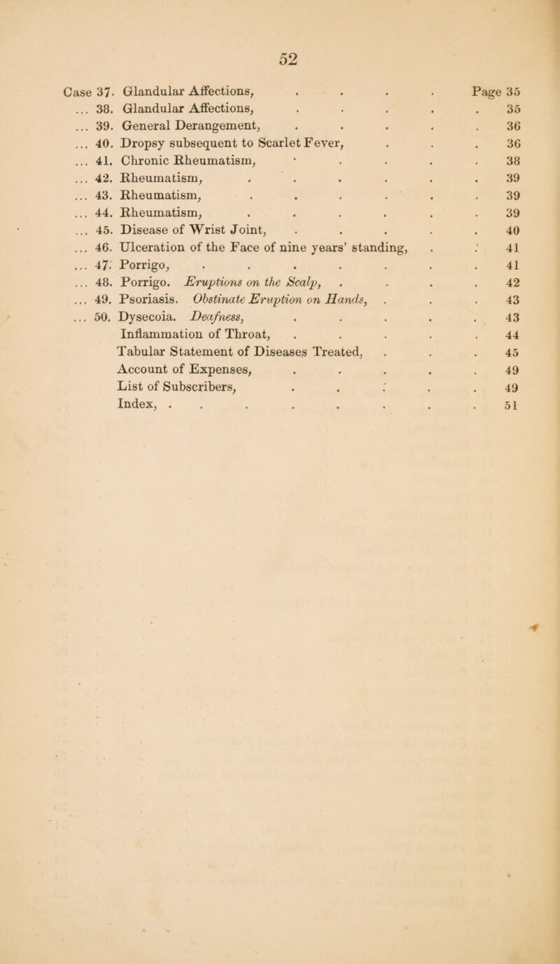 Case 37. Glandular Affections, .... Page 35 ... 38. Glandular Affections, . . . . .35 ... 39. General Derangement, . . . . .36 ... 40. Dropsy subsequent to Scarlet Fever, . . .36 ... 41. Chronic Rheumatism, .... 38 ... 42. Rheumatism, . . . . . .39 ... 43. Rheumatism, . . . . .39 ... 44. Rheumatism, ...... 39 ... 45. Disease of Wrist Joint, . . . . .40 ... 46. Ulceration of the Face of nine years’ standing, . : 41 ... 47.' Porrigo, . . . . . . .41 ... 48. Porrigo. Eruptions on the Scalp, . . . .42 ... 49. Psoriasis. Obstinate Eruption on Hands, . . .43 ... 50. Dysecoia. Deafness, . . . . .43 Inflammation of Throat, . . . . .44 Tabular Statement of Diseases Treated, . . .45 Account of Expenses, ..... 49 List of Subscribers, . . ; . .49 Index, «. , . « , . . o 1