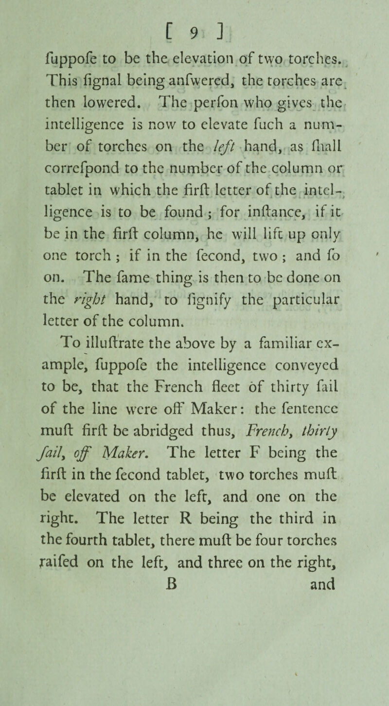 fuppofe to be the elevation of two torches. This fignal being anfwered, the torches are then lowered. The perfon who gives the intelligence is now to elevate fuch a num¬ ber of torches on the left hand, as Riall correfpond to the number of the column or tablet in which the firft letter of the intel- > ligence is to be found ; for inftance, if it be in the firft; column, he will lift up only one torch ; if in the fecond, two ; and fo on. The fame thing is then to be done on the right hand, to fignify the particular letter of the column. To illuftrate the above by a familiar ex¬ ample, fuppofe the intelligence conveyed to be, that the French fleet of thirty fail of the line were oft’ Maker: the fentence muft firft be abridged thus, French, thirty fail, off Maker. The letter F being the firft in the fecond tablet, two torches muft be elevated on the left, and one on the right. The letter R being the third in the fourth tablet, there muft be four torches raifed on the left, and three on the right, B and