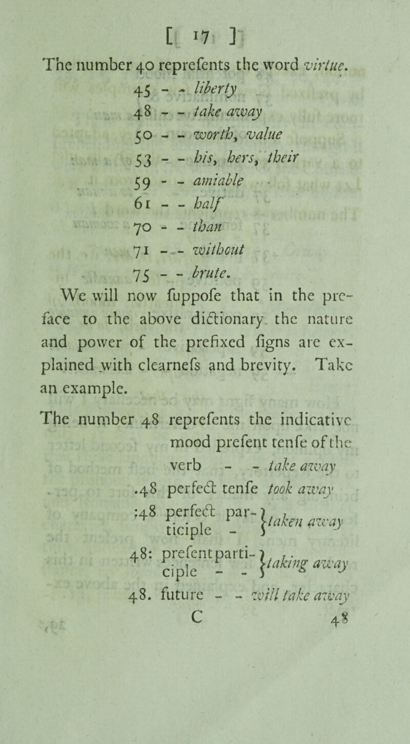 The number 40 reprefents the word virtue. 45 - - liberty 48 - - take away 50 - - worth, value 53 - - bis, hers, their 59 - - amiable 61 - - half 70 - - 71 - - without 75 — brute. We will now fuppofe that in the pre¬ face to the above dictionary, the nature and power of the prefixed figns are ex¬ plained with clearnefs and brevity. Take an example. The number 48 reprefents the indicative mood prefent tenfe of the verb - - take away .48 perfeCt tenfe took away 148 perfeCt par¬ ticiple - 48: prefent parti¬ ciple - - 48. future - - wtll take away C *