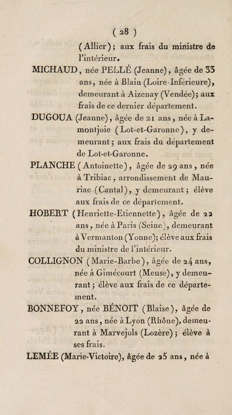 I ( Allier ) ; aux frais du ministre de l’intérieur. MICHAUD, née PELLE (Jeanne), âgée de 33 ans, née à Blain (Loire Inférieure), demeurant à Aizenay (Vendée)5 aux frais de ce dernier département. DUGOUA (Jeanne) , âgée de 21 ans , née à La- mont joie (Lot-et-Garonne), y de¬ meurant ; aux frais du département de Lot-et-Garonne. PLANCHE ( Antoinette) , âgée de 29 ans , née à Tribiac , arrondissement de Mau¬ riac ( Cantal ) , y demeurant ; élève aux frais de ce département. HOBERT ( Henriette-Etiennette), âgée de 22 ans, née à Paris (Seine), demeurant à Vermanton (Yonne); élève aux frais du ministre de l’intérieur. COLLIGNON (Marie-Barbe), âgée de 24 ans, née à Gimécourt (Meuse), y demeu¬ rant ; élève aux frais de ce départe¬ ment. BONNEFOY, née BÉNOIT (Biaise), âgée de 22 ans, née à Lyon (Rhône), demeu¬ rant à Marvejols (Lozère) ; élève à ses frais. LEMÉE (Marie-Victoire), âgée de 25 ans, née à