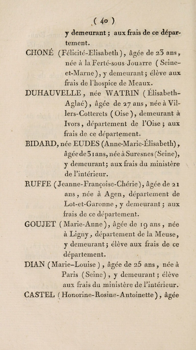 .( 4° ) y demeurant ; aux frais de ce dépar¬ tement. CHOISIE (Félicité-Elisabeth), âgée de 23 ans, née à laFerté-sous Jouarre ( Seine- et-Marne), y demeurant; élève aux frais de l'hospice de Meaux. DUHAUVELLE, née WATRIN ( Élisabeth- Aglaé) , âgée de 27 ans, née à Vil- lers-Cotterets (Oise), demeurant à Ivors, département de l’Oise ; aux frais de ce département. BIDARD, née EUDES (Anne-Marie-Élisabeth), âgée de 31 ans, née à Suresnes (Seine), y demeurant ; aux frais du ministère de l’intérieur. RUFFE ( Jeanne-Françoise-Chérie), âgée de 21 ans, née à Agen, département de Lot-et-Garonne , y demeurant ; aux frais de ce département. GOUJET (Marie-Anne), âgée de 19 ans, née à Ligny, département de la Meuse, y demeurant ; élève aux frais de ce département. DIAN (Marie-Louise ), âgée de 25 ans , née à Paris (Seine) , y demeurant ; élève aux frais du ministère de l’intérieur. CASTEL ( Honorine-Rosine-Antoinette ) , âgée