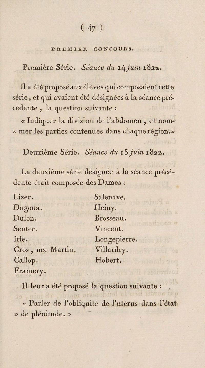 PREMIER CONCOURS. Première Série. Séance du \[\juin 182a. Il a été proposé aux élèves qui composaient cette série ? et qui avaient été désignées à la séance pré¬ cédente ? la question suivante : cc Indiquer la division de l’abdomen ? et nom- « mer les parties contenues dans chaque région.» Deuxième Série. Séance du 15 juin 1822. La deuxième série désignée à la séance précé¬ dente était composée des Dames : Lizer. Dugoua. Dulon. Senter. Irle. Gros , née Martin. Framery. Salenave. Brosseau. Vincent. Longepierre. Villardry. Hobert. Il leur a été proposé la question suivante : « Parler de l’obliquité de l’utérus dans l’état » de plénitude. 33