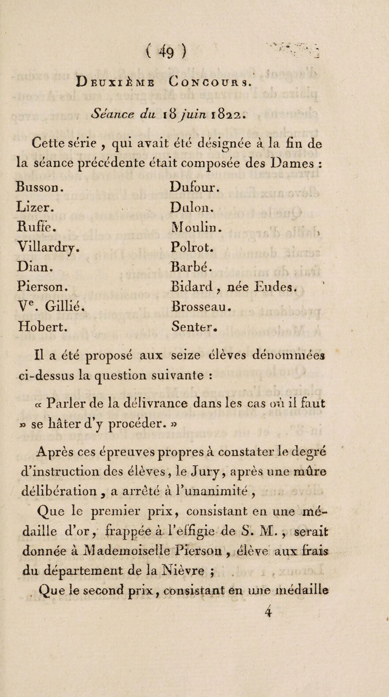 Deuxième Concours. Séance du 18 juin 1822. la Cette série , qui avait été désignée à la fin de séance précédente était composée des Dames : Busson. Lizer. Ruffè. Villardry. Dian. Pierson. Ve. Gillié. Hobert. Dufour. Dulon. Moulin. Polrot. Barbé. Bidard , née Eudes. Brosseau. Senter, Il a été proposé aux seize élèves dénommées ci-dessus la question suivante : « Parler de la délivrance dans les cas où il faut » se hâter d’y procéder. » Après ces épreuves propres à constater le degré d’instruction des élèves, le Jury, après une mûre délibération , a arrêté à l’unanimité , Que le premier prix, consistant en une mé¬ daille d’or, frappée à l’eifigie de S. M., serait donnée à Mademoiselle Pierson , élève aux frais du département de la Nièvre ; Que le second prix, consistant en une médaille 4