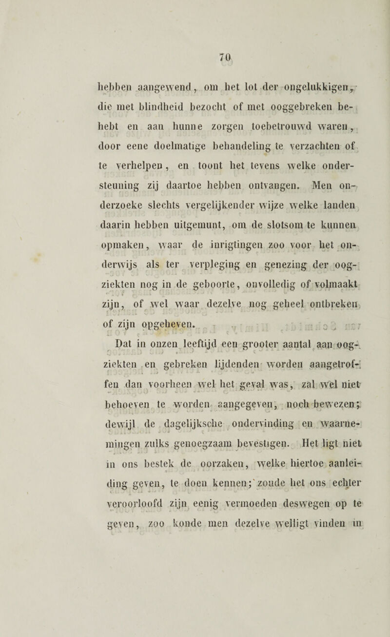 hebben aangewend, om het lot der ongelukkigen, die met blindheid bezocht of met ooggebreken be- hebt en aan hunne zorgen toebetrouwd waren, door eene doelmatige behandeling te verzachten of te verhelpen, en toont het tevens welke onder¬ steuning zij daartoe hebben ontvangen. Men on- derzoeke slechts vergelijkender wijze welke landen daarin hebben uitgemunt, om de slotsom te kunnen opmaken, waar de inrigtingen zoo voor het on¬ derwijs als ter verpleging en genezing der oog¬ ziekten nog in de geboorte, onvolledig of volmaakt zijn, of wel waar dezelve nog geheel ontbreken of zijn opgekeven. Dat in onzen leeftijd een grooter aantal aan oog- ziekten en gebreken lijdenden worden aangetrof-i feu dan voorheen wel het geval was, zal wel niet V» , V 7 V. -* v — • * Cs * * behoeven te worden aangegeven, noch bewezen; dewijl de dagelijksche ondervinding en waarne¬ mingen zulks genoegzaam bevestigen. Het ligt niet c * «» ■* v» V * in ons bestek de oorzaken, welke hiertoe aanlei¬ ding geven, te doen kennen;'zoude het ons echter ... . veroorloofd zijn eenig vermoeden des wegen op te geven, zoo konde men dezelve welligt vinden m