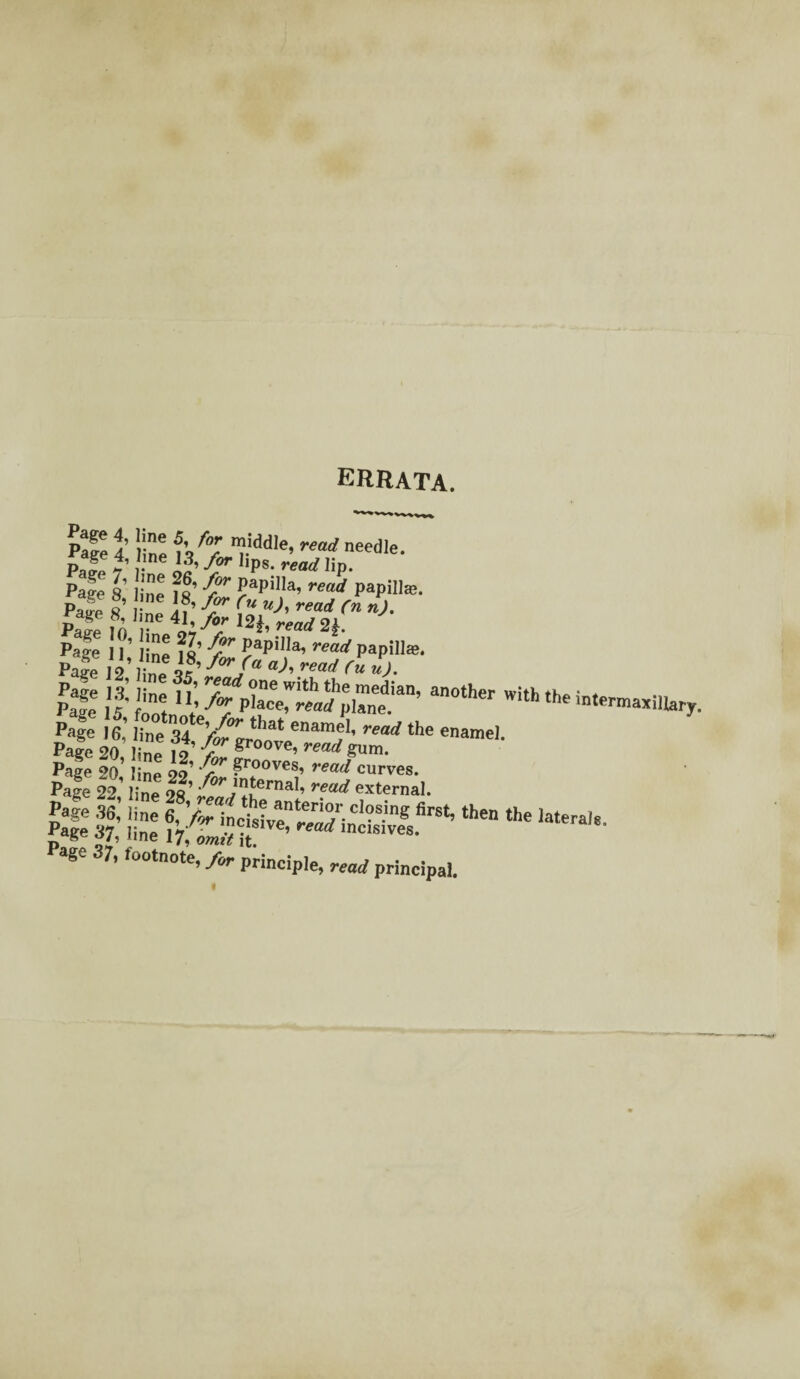 errata. Pale 4 line n f7 I?.idd,e’ read needle. Pa^ 7 i- if’ l,P«- mirf lip. Page 2’ e ?„6’ Papilla, *Jr papilla,. Paw 8 ■ !?’ Ar c,‘ «j, read (n n). PtelO  Page ’ “ V’ 7 l>apilla’ r,md Papilla. j£another with* Page 16,’ SYVo1'* eMmf «“ enamel. Page 20 linp jo’ f V £roove* read gum. Page i fe ^ Page 37, footnote, for principle, rea/j prin<..pal