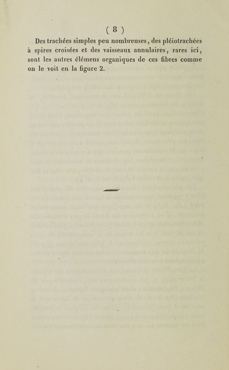 Des tracb^es simples peu nombreuses, des pl&olrachees a spires crois6es et des vaisseaux annulaires, rares ici, sont les aulres 616mens organiques de ces fibres comme on le voit en la figure 2.