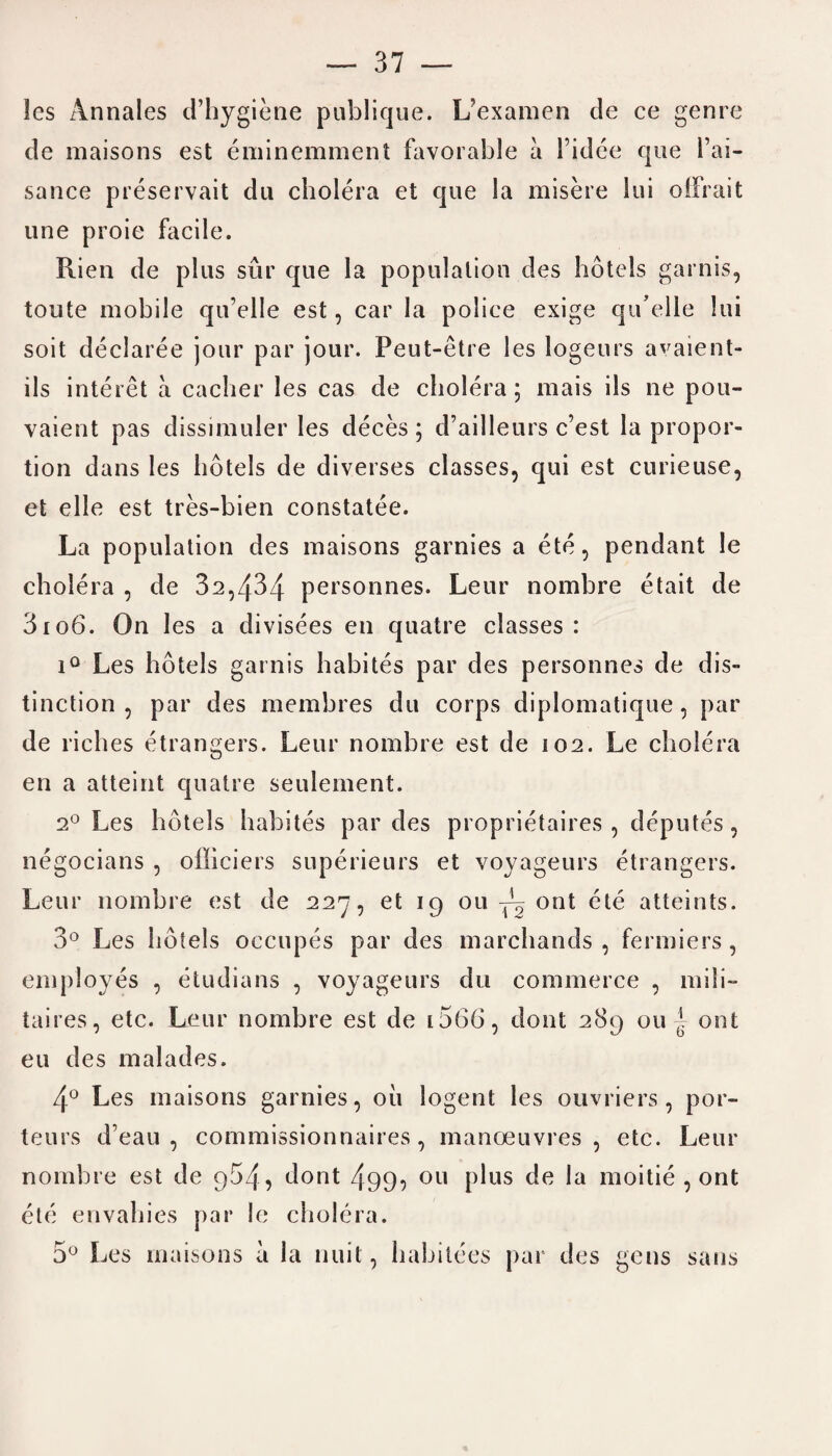 les Annales d’hygiene publique. L’examen de ce genre de maisons est eminemment favorable a l’idee que 1’ai- sance preservait du cholera et que la misere lui olFrait une proie facile. Rien de plus sur que la population des hotels garnis, toute mobile qu’elle est, car la police exige qu’elle lui soit declaree jour par jour. Peut-etre les logeurs avaient- ils interet a cacher les cas de cholera ; mais ils ne pou- vaient pas dissimuler les deces; d’ailleurs c’est la propor¬ tion dans les hotels de diverses classes, qui est curieuse, et elle est tres-bien constatee. La population des maisons garnies a ete, pendant le cholera , de 32,434 personnes. Leur nombre etait de 3io6. On les a divisees en quatre classes : i° Les hotels garnis habites par des personnes de dis¬ tinction , par des membres du corps diplomatique , par de riches etrangers. Leur nombre est de 102. Le cholera en a atteint quatre seulement. 20 Les hotels habites par des proprietaires , deputes, negocians , oiliciers superieurs et voyageurs etrangers. Leur nombre est de 227, et 19 ou ont ete atteints. 3° Les hotels occupes par des marchands , fermiers, employes , etudians , voyageurs du commerce , mili- taires, etc. Leur nombre est de 15(36, dont 289 ou | ont eu des malades. 4° Les maisons garnies, oil logent les ouvriers, por- teurs d’eau , commissionnaires, manoeuvres, etc. Leur nombre est de 954, dont 499^ 011 plus de la moitie , ont ete envahies par le cholera. 5° Les maisons a la unit, habitees par des gens sans
