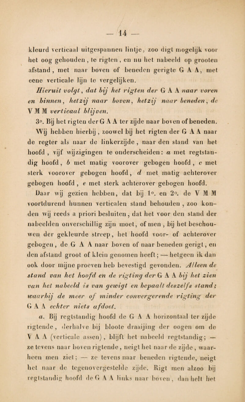 / - 14 — kleurt! verticaal uitgespannen lintje, zoo digi mogelijk voor het oog gehouden , te rigten , en nu het nabeeld op grooten afstand, met naar boven of beneden gerigte GAA, met eone verticale lijn te vergelijken. Hieruit volgt, dat bij het rigten der GAA naar voren en binnen, hetzij naar boven, hetzij naar beneden, de VMM verticaal blijven. 3°. Bij het rigten der G A A ter zijde naar boven of beneden. Wij hebben hierbij , zoowel bij het rigten der GAA naar de regter als naar de linkerzijde , naar den stand van het hoofd , vijf wijzigingen te onderscheiden: a met regtstan- dig hoofd, b met matig voorover gebogen hoofd , c met sterk voorover gebogen hoofd, d met matig achterover gebogen hoofd , e met sterk achterover gebogen hoofd. Daar wij gezien hebben, dat bij 1°. en 2°. de VMM voortdurend hunnen verticalen stand behouden , zoo kon¬ den wij reeds a priori besluiten , dat het voor den stand der nabeelden onverschillig zijn moet, of men , bij hel beschou¬ wen der gekleurde streep, het hoofd voor- of achterover gebogen , de G A A naar boven of naar beneden gerigt, en den afstand groot of klein genomen heeft; — hetgeen ik dan ook door mijne proeven heb bevestigd gevonden. Alleen de stand van het hoofd en de rigting derG A A hij het zien van het nabeeld is van gewigt en bepaalt des zelfs stand; waarbij de meer of minder convergerende rigting der G A A echter niets afdoet. a. Bij reglslandig hoofd de GAA horizontaal ter zijde rigtende, derhalve bij bloote draaijing der oogen orn de V A A (verticale assen), blijft het nabeeld regtstandig; — ze levens naar boven rigtende , neigt hel naar de zijde , waar¬ heen men ziet; — ze tevensnaar beneden ristende, neist o ' o het naar de tegenovergestelde zijde. Bigt men alzoo bij reglslandig hoofd de G A A links naar boven, dan helt het