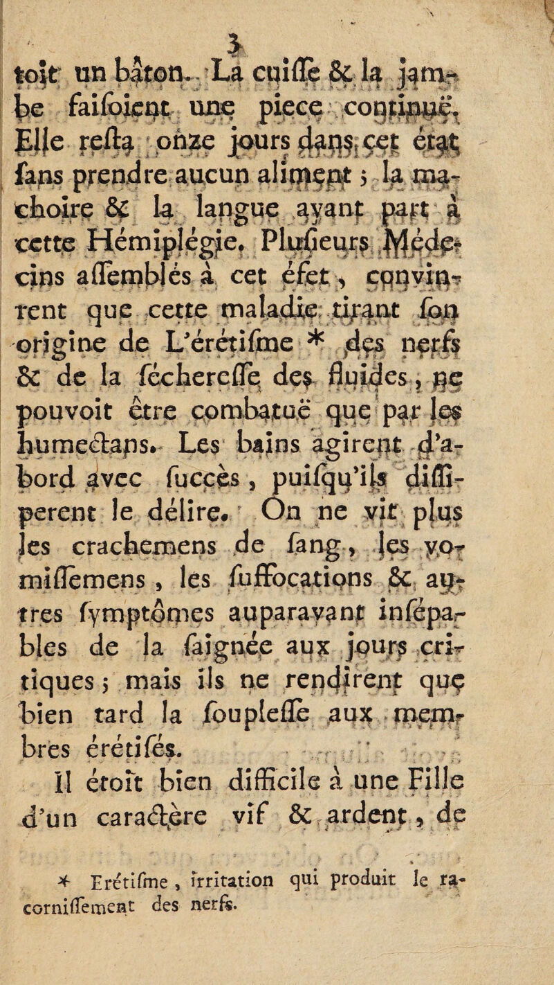 y toit un baton. La cuifTè & la jam¬ be faifoienc une pieee cogpinpe. EUe relia onze jours ^ia^çet ét$j fans prendre aucun alit$çp£ 5 la mâ¬ choire Sc la langue ayant part à cette Hémiplégie* Piufieurs ^éd^ cins affemblés à cet éfet > cqnviç? tent que cette maladie tirant fan origine de L’érétifme * 4çs nerfs & de la fcchercflTe des fluides, $e pouvoit être combatue que par les humeétaps. Les bains agirent d’a¬ bord 4vec fucçès, puilqifits difli- perent le délire* On ne vit plus les crachemens de fang, les yor miflemens, les fuffocations & atjr? très fymptotpes auparavant infépa.- bles de la faignée aux jours erb tiques 5 mais ils ne rendirent quç bien tard la foupleflè aux memr bres érétifés. ;; Il étoît bien difficile à une Fille * * d’un caraél.ère vif & ardent * de * * Erétifme , irritation qui produit le r cornifleinent des nerfs.