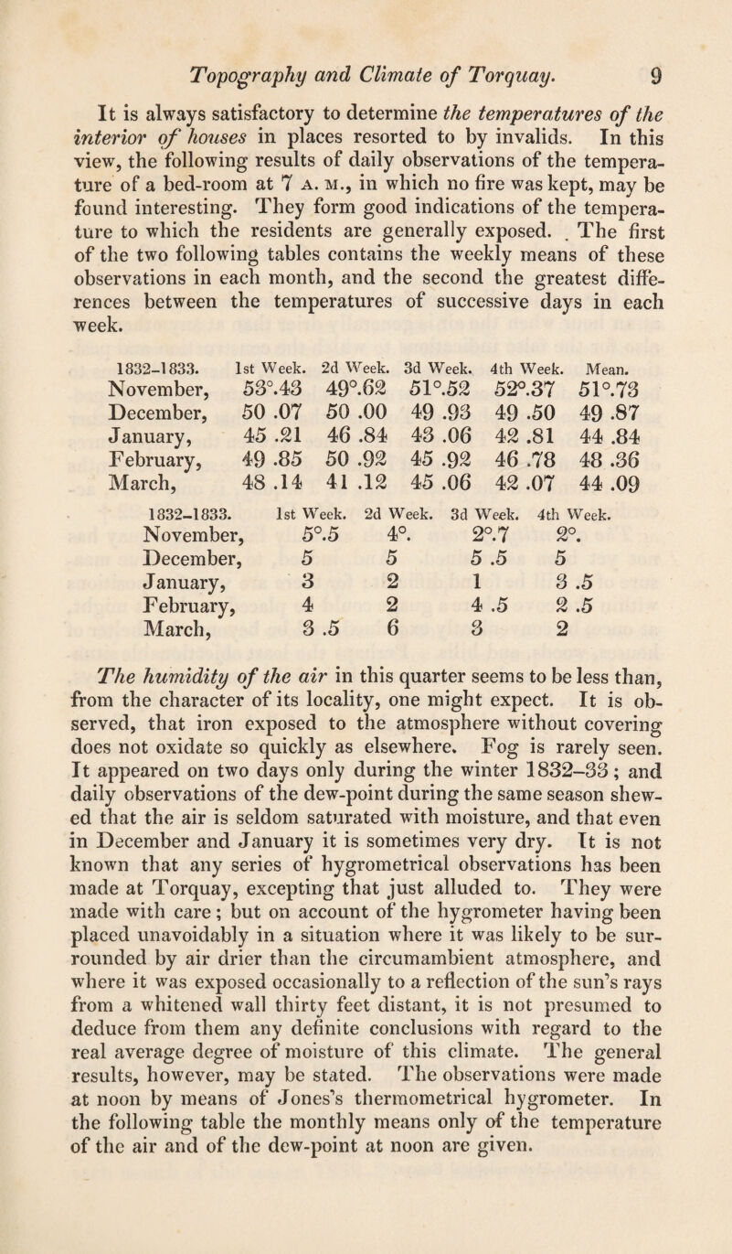 It is always satisfactory to determine the temperatures of the interior of houses in places resorted to by invalids. In this view, the following results of daily observations of the tempera¬ ture of a bed-room at 7 a. m., in which no fire was kept, may be found interesting. They form good indications of the tempera¬ ture to which the residents are generally exposed. . The first of the two following tables contains the weekly means of these observations in each month, and the second the greatest diffe¬ rences between the temperatures of successive days in each week. 1832-1833. 1st Week. 2d Week. 3d Week. 4th Week. Mean. November, 53°.43 49°.62 51°.52 52°.37 51°.73 December, 50 .07 50 .00 49 .93 49 .50 49 .87 January, 45 .21 46 .84 43 .06 42 .81 44 .84 February, 49 .85 50 .92 45 .92 46 .78 48 .36 March, 48.14 41.12 45 .06 42.07 44.09 1832-1833. 1st Week. 2d Week. 3d Week. 4th Week. November, 5°.5 4°. 2°. 7 2°. December, 5 5 5 .5 5 January, 3 2 1 3 .5 February, 4 2 4 .5 2 .5 March, 3 .5 6 3 2 The humidity of the air in this quarter seems to be less than, from the character of its locality, one might expect. It is ob¬ served, that iron exposed to the atmosphere without covering does not oxidate so quickly as elsewhere. Fog is rarely seen. It appeared on two days only during the winter 1832-33; and daily observations of the dew-point during the same season shew¬ ed that the air is seldom saturated with moisture, and that even in December and January it is sometimes very dry. It is not known that any series of hygrometrical observations has been made at Torquay, excepting that just alluded to. They were made with care; but on account of the hygrometer having been placed unavoidably in a situation where it was likely to be sur¬ rounded by air drier than the circumambient atmosphere, and where it was exposed occasionally to a reflection of the sun’s rays from a whitened wall thirty feet distant, it is not presumed to deduce from them any definite conclusions with regard to the real average degree of moisture of this climate. The general results, however, may be stated. The observations were made at noon by means of Jones’s thermometrical hygrometer. In the following table the monthly means only of the temperature of the air and of the dew-point at noon are given.
