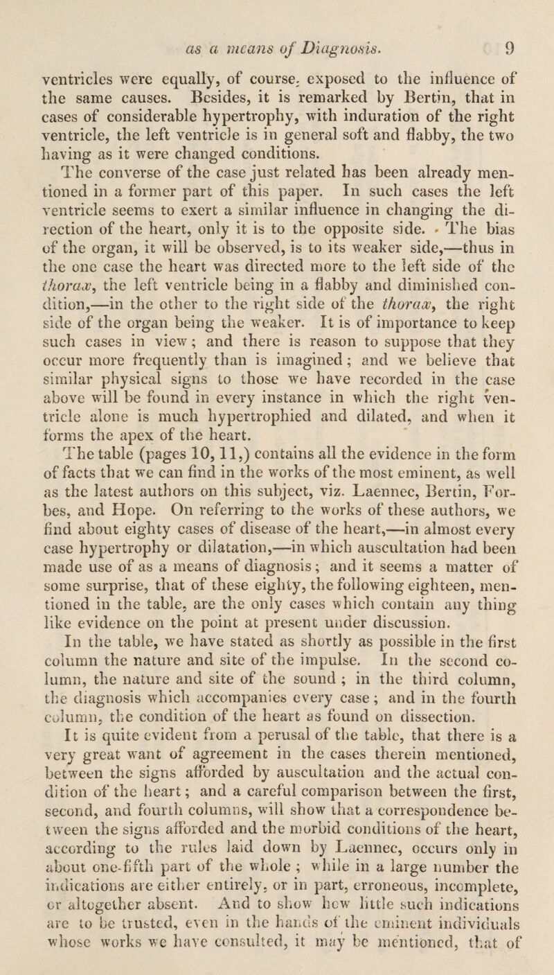 ventricles were equally, of course, exposed to the influence of the same causes. Besides, it is remarked by Bertin, that in cases of considerable hypertrophy, with induration of the right ventricle, the left ventricle is in general soft and flabby, the two having as it were changed conditions. The converse of the case just related has been already men¬ tioned in a former part of this paper. In such cases the left ventricle seems to exert a similar influence in changing the di¬ rection of the heart, only it is to the opposite side. * The bias of the organ, it will be observed, is to its weaker side,—thus in the one case the heart was directed more to the left side of the thorax, the left ventricle being in a flabby and diminished con¬ dition,—in the other to the right side of the thorax, the right side of the organ being the weaker. It is of importance to keep such cases in view; and there is reason to suppose that they occur more frequently than is imagined; and we believe that similar physical signs to those we have recorded in the case above will be found in every instance in which the right ven¬ tricle alone is much hypertrophied and dilated, and when it forms the apex of the heart. The table (pages 10,11,) contains all the evidence in the form of facts that we can find in the works of the most eminent, as well as the latest authors on this subject, viz. Laennec, Bertin, For¬ bes, and Hope. On referring to the works of these authors, we find about eighty cases of disease of the heart,—in almost every case hypertrophy or dilatation,—in which auscultation had been made use of as a means of diagnosis; and it seems a matter of some surprise, that of these eighty, the following eighteen, men¬ tioned in the table, are the only cases which contain any thing like evidence on the point at present under discussion. In the table, we have stated as shortly as possible in the first column the nature and site of the impulse. In the second co¬ lumn, the nature and site of the sound ; in the third column, the diagnosis which accompanies every case; and in the fourth column, the condition of the heart as found on dissection. It is quite evident from a perusal of the table, that there is a very great want of agreement in the cases therein mentioned, between the signs afforded by auscultation and the actual con¬ dition of the heart; and a careful comparison between the first, second, and fourth columns, wall show that a correspondence be¬ tween the signs afforded and the morbid conditions of the heart, according to the rules laid down by Laennec, occurs only in about one-fifth part of the whole ; while in a large number the indications are either entirely, or in part, erroneous, incomplete, or altogether absent. And to show how little such indications are to be trusted, even in the hands of the eminent individuals whose works we have consulted, it may be mentioned, that of