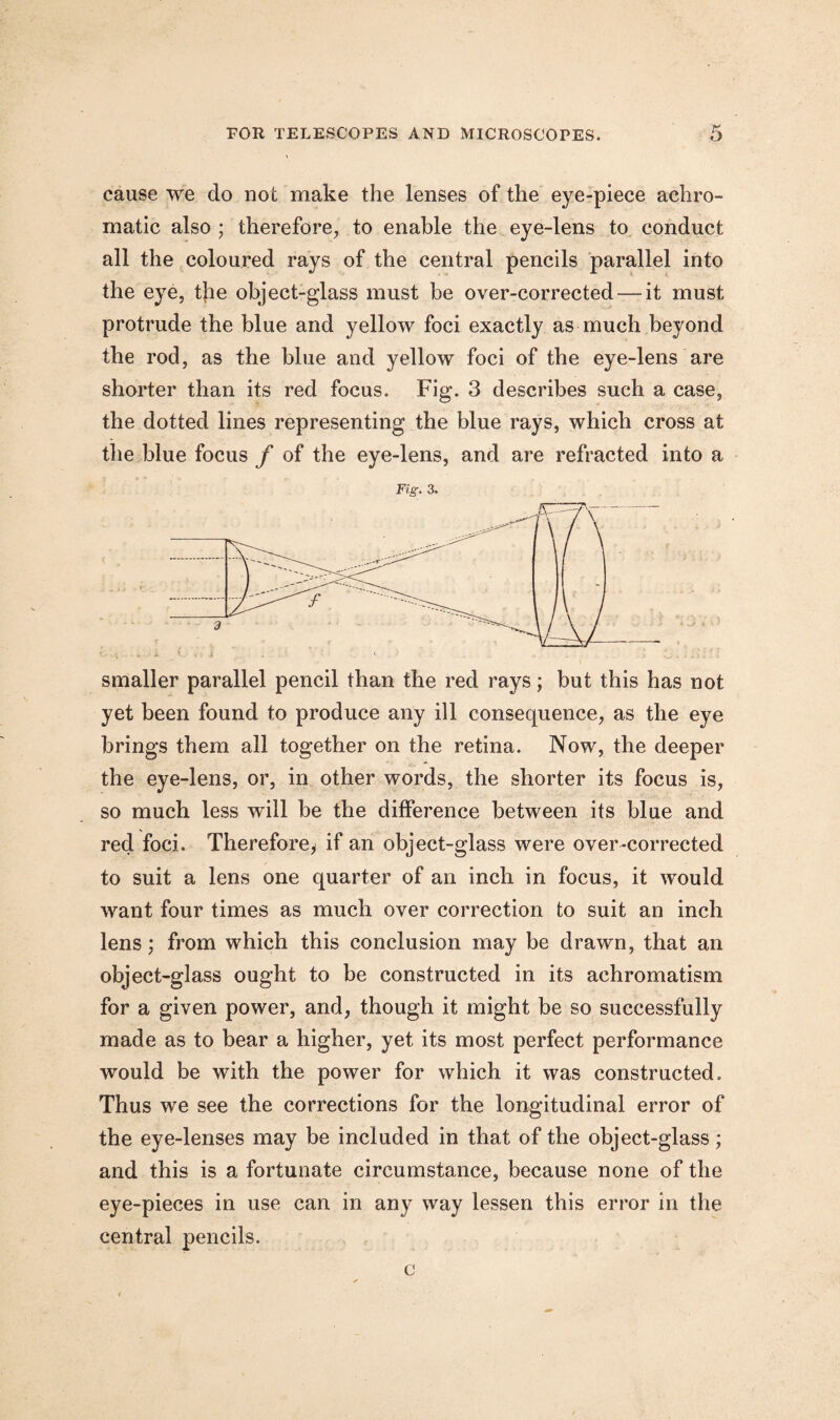 cause we do not make the lenses of the eye-piece achro¬ matic also ; therefore, to enable the eye-lens to conduct all the coloured rays of the central pencils parallel into the eye, the object-glass must be over-corrected — it must protrude the blue and yellow foci exactly as much beyond the rod, as the blue and yellow foci of the eye-lens are shorter than its red focus. Fig. 3 describes such a case, the dotted lines representing the blue rays, which cross at the blue focus f of the eye-lens, and are refracted into a Fig. 3. smaller parallel pencil than the red rays; but this has not yet been found to produce any ill consequence, as the eye brings them all together on the retina. Now, the deeper the eye-lens, or, in other words, the shorter its focus is, so much less will be the difference between its blue and red foci. Therefore > if an object-glass were over-corrected to suit a lens one quarter of an inch in focus, it would want four times as much over correction to suit an inch lens; from which this conclusion may be drawn, that an object-glass ought to be constructed in its achromatism for a given power, and, though it might be so successfully made as to bear a higher, yet its most perfect performance would be with the power for which it was constructed. Thus we see the corrections for the longitudinal error of the eye-lenses may be included in that of the object-glass; and this is a fortunate circumstance, because none of the eye-pieces in use can in any way lessen this error in the central pencils. c