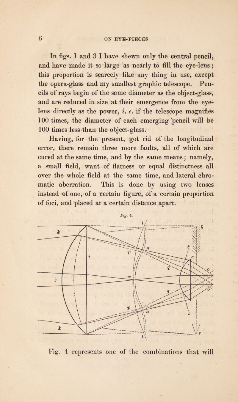 In figs. 1 and 3 I have shewn only the central pencil, and have made it so large as nearly to fill the eye-lens; this proportion is scarcely like any thing in use, except the opera-glass and my smallest graphic telescope. Pen¬ cils of rays begin of the same diameter as the object-glass, and are reduced in size at their emergence from the eye- lens directly as the power, i. e. if the telescope magnifies 100 times, the diameter of each emerging pencil will be 100 times less than the object-glass. Having, for the present, got rid of the longitudinal error, there remain three more faults, all of which are cured at the same time, and by the same means; namely, a small field, want of flatness or equal distinctness all over the whole field at the same time, and lateral chro¬ matic aberration. This is done by using two lenses instead of one, of a certain figure, of a certain proportion of foci, and placed at a certain distance apart. Fig. 4. Fig. 4 represents one of the combinations that will