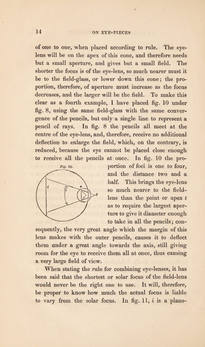 of one to one, when placed according to rule. The eye- lens will he on the apex of this cone, and therefore needs but a small aperture, and gives hut a small field. The shorter the focus is of the eye-lens, so much nearer must it be to the field-glass, or lower down this cone; the pro¬ portion, therefore, of aperture must increase as the focus decreases, and the larger will be the field. To make this clear as a fourth example, I have placed fig. 10 under fig. 8, using the same field-glass with the same conver¬ gence of the pencils, but only a single line to represent a pencil of rays. In fig. 8 the pencils all meet at the centre of the eye-lens, and, therefore, receive no additional deflection to enlarge the field, which, on the contrary, is reduced, because the eye cannot be placed close enough to receive all the pencils at once. In fig. 10 the pro¬ portion of foci is one to four, and the distance two and a half. This brings the eye-lens so much nearer to the field- lens than the point or apex t as to require the largest aper¬ ture to give it diameter enough to take in all the pencils; con¬ sequently, the very great angle which the margin of this lens makes with the outer pencils, causes it to deflect them under a great angle towards the axis, still giving room for the eye to receive them all at once, thus causing a very large field of view. When stating the rule for combining eye-lenses, it has been said that the shortest or solar focus of the field-lens would never be the right one to use. It will, therefore, be proper to know how much the actual focus is liable to vary from the solar focus. In fig. 11, z is a piano- Fig. 10.