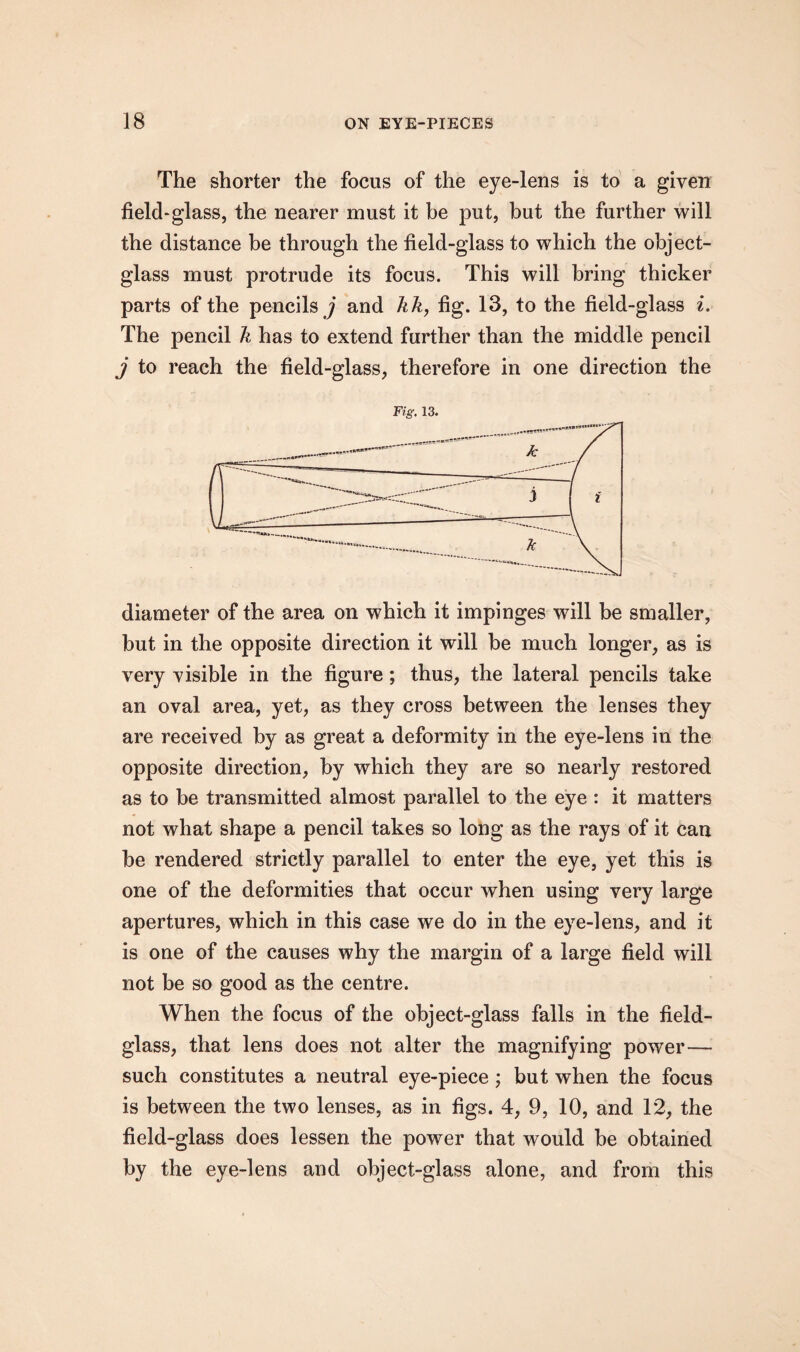 The shorter the focus of the eye-lens is to a given field-glass, the nearer must it be put, but the further will the distance be through the field-glass to which the object- glass must protrude its focus. This will bring thicker parts of the pencils j and kk, fig. 13, to the field-glass i. The pencil k has to extend further than the middle pencil j to reach the field-glass, therefore in one direction the Fig. 13. diameter of the area on which it impinges will be smaller, but in the opposite direction it will be much longer, as is very visible in the figure ; thus, the lateral pencils take an oval area, yet, as they cross between the lenses they are received by as great a deformity in the eye-lens in the opposite direction, by which they are so nearly restored as to be transmitted almost parallel to the eye : it matters not what shape a pencil takes so long as the rays of it can be rendered strictly parallel to enter the eye, yet this is one of the deformities that occur when using very large apertures, which in this case we do in the eye-lens, and it is one of the causes why the margin of a large field will not be so good as the centre. When the focus of the object-glass falls in the field- glass, that lens does not alter the magnifying power— such constitutes a neutral eye-piece; but when the focus is between the two lenses, as in figs. 4, 9, 10, and 12, the field-glass does lessen the power that would be obtained by the eye-lens and object-glass alone, and from this