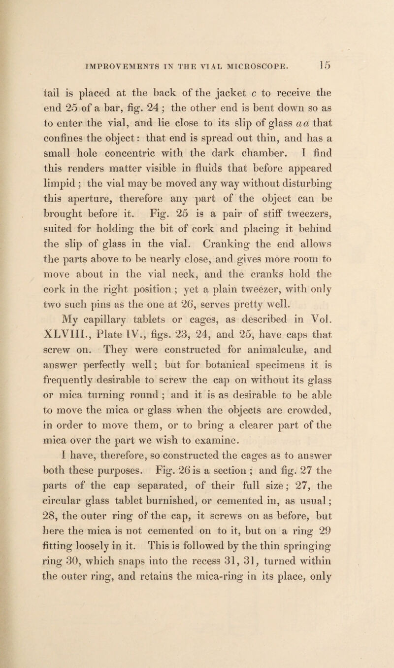 tail is placed at the back of the jacket c to receive the end 25 of a bar, fig. 24 ; the other end is bent down so as to enter the vial, and lie close to its slip of glass a a that confines the object: that end is spread out thin, and has a small hole concentric with the dark chamber. I find this renders matter visible in fluids that before appeared limpid ; the vial may be moved any way without disturbing this aperture, therefore any part of the object can be brought before it. Fig. 25 is a pair of stiff tweezers, suited for holding the bit of cork and placing it behind the slip of glass in the vial. Cranking the end allows the parts above to be nearly close, and gives more room to move about in the vial neck, and the cranks hold the cork in the right position ; yet a plain tweezer, with only two such pins as the one at 26, serves pretty well. My capillary tablets or cages, as described in Vol. XLVIIL, Plate IV., figs. 23, 24, and 25, have caps that screw on. They were constructed for animalcuke, and answer perfectly well; but for botanical specimens it is frequently desirable to screw the cap on without its glass or mica turning round ; and it is as desirable to be able to move the mica or glass when the objects are crowded, in order to move them, or to bring a clearer part of the mica over the part we wish to examine. I have, therefore, so constructed the cages as to answer both these purposes. Fig. 26 is a section ; and fig. 27 the parts of the cap separated, of their full size; 27, the circular glass tablet burnished, or cemented in, as usual; 28, the outer ring of the cap, it screws on as before, hut here the mica is not cemented on to it, hut on a ring 29 fitting loosely in it. This is followed by the thin springing ring 30, which snaps into the recess 31, 31, turned within the outer ring, and retains the mica-ring in its place, only