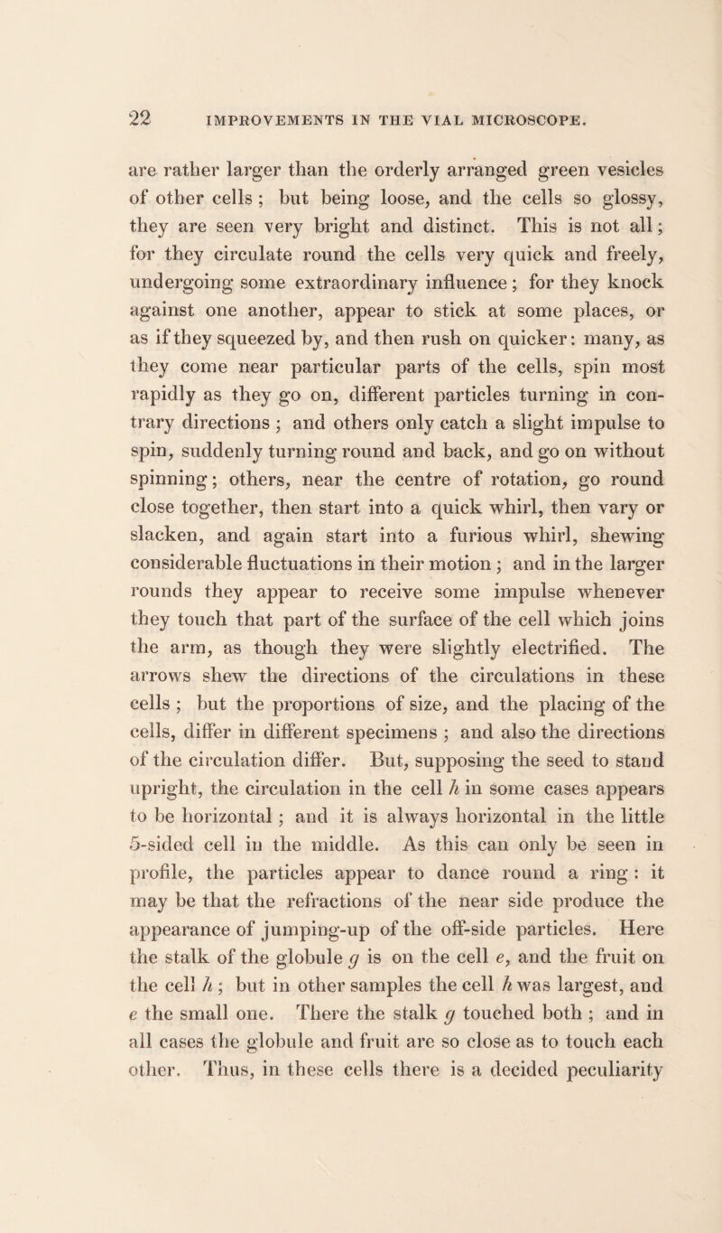 are rather larger than the orderly arranged green vesicles of other cells ; but being loose, and the cells so glossy, they are seen very bright and distinct. This is not all; for they circulate round the cells very quick and freely, undergoing some extraordinary influence ; for they knock against one another, appear to stick at some places, or as if they squeezed by, and then rush on quicker: many, as they come near particular parts of the cells, spin most rapidly as they go on, different particles turning in con¬ trary directions ; and others only catch a slight impulse to spin, suddenly turning round and back, and go on without spinning; others, near the centre of rotation, go round close together, then start into a quick whirl, then vary or slacken, and again start into a furious whirl, shewing considerable fluctuations in their motion ; and in the larger rounds they appear to receive some impulse whenever they touch that part of the surface of the cell which joins the arm, as though they were slightly electrified. The arrows shew the directions of the circulations in these cells ; but the proportions of size, and the placing of the cells, differ in different specimens ; and also the directions of the circulation differ. But, supposing the seed to stand upright, the circulation in the cell h in some cases appears to be horizontal ; and it is always horizontal in the little 5-sided cell in the middle. As this can only be seen in profile, the particles appear to dance round a ring : it may he that the refractions of the near side produce the appearance of jumping-up of the off-side particles. Here the stalk of the globule g is on the cell c, and the fruit on the cell h ; but in other samples the cell h was largest, and e the small one. There the stalk g touched both ; and in all cases the globule and fruit are so close as to touch each other. Thus, in these cells there is a decided peculiarity