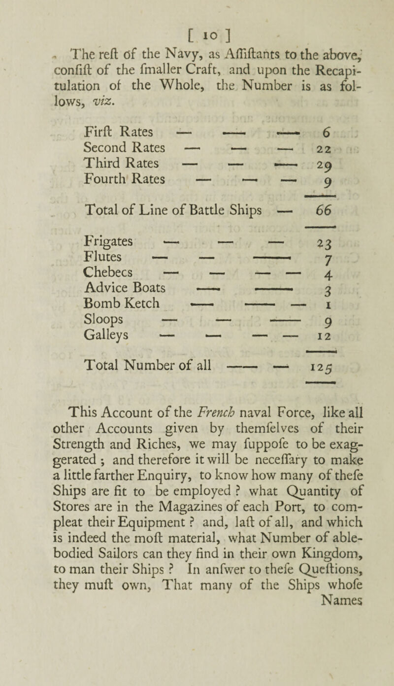 - The reft of the Navy, as Aftiftants to the above, confift of the fmaller Craft, and upon the Recapi¬ tulation of the Whole, the Number is as fol¬ lows, viz. Firft Rates — - — 6 Second Rates — — — 22 Third Rates — — — 29 Fourth Rates — — — 9 Total of Line of Battle Ships — 66 Frigates — — — 23 Flutes — — — ■ ■ 7 Chebecs — — — — 4 Advice Boats —- --- 3 Bomb Ketch — - — 1 Sloops — — - 9 Galleys — — — —12 Total Number of all-— 125 This Account of the French naval Force, like all other Accounts given by themfelves of their Strength and Riches, we may fuppofe to be exag¬ gerated ; and therefore it will be neceftary to make a little farther Enquiry, to know how many of thefe Ships are fit to be employed ? what Quantity of Stores are in the Magazines of each Port, to corn- pleat their Equipment ? and, laft of all, and which is indeed the moft material, what Number of able- bodied Sailors can they find in their own Kingdom, to man their Ships ? In anfwer to thefe Queftions, they muft own, That many of the Ships whofe Names