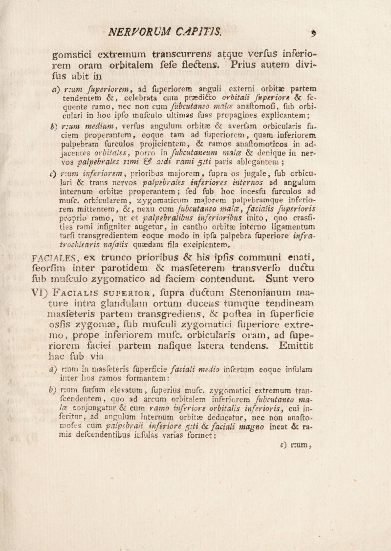 gomatici extremum transcurrens atque verius inferio¬ rem oram orbitalem fefe fleftens. Prius autem divi¬ tiis abit in a) r:um fuperiorem, ad fuperiorem anguli externi orbitae partem tendentem &, celebrata com prsedi&o orbitali fnperiore & fe- qoente ramo, nec non cum fubcutaneo rncilce anaflomofi, fub orbi¬ culari in hoc ipfo mufculo ultimas fuas propagines explicantem; b) r:um medium, verfus angulum orbitae & averfam orbicularis fa¬ ciem properantem, eoque tam ad fuperiorem, quam inferiorem palpebram furculos projicientem, & ramos anaflomoticos in ad¬ jacentes orbitales, porro in fubcutaneum malos & denique in ner¬ vos palpebrales ixmi & a:di rami 5:ti paris ablegantem ; c) r:um inferiorem, prioribus majorem, fupra os jugale, fub orbicu¬ lari & trans nervos palpebrales inferiores internos ad angulum internum orbitas properantem; fed fub hoc incesfu furculos ad mufc, orbicularem, zygomaticum majorem palpebramque inferio¬ rem mittentem, &, nexu cum fubcutaneo malos, facialis fuperioris proprio ramo, ut et palpebralibus inferioribus inito, quo crasfi- ties rami infigniter augetur, in cantho orbitae interno ligamentum tarfi transgredientem eoque modo in ipfa palpebra fuperiore infra¬ trochlearis nafalis qusedam fila excipientem * FACIALES, ex trunco prioribus & his ipfis communi enati, feorfim inter parotidem & masfeterem transverfo duftu fub mufculo zygomatico ad faciem contendunt. Sunt vero VI) Facialis superior, fupra duchim Stenonianum ma¬ ture intra glandulam ortum ducens tumque tendineam masfeteris partem transgredieris, & poftea in fuperficie osfis zygomae, fub mufculi zygomatici fuperiore extre¬ mo, prope inferiorem mufc. orbicularis oram, ad fupe¬ riorem faciei partem naiique latera tendens. Emittit hac fub via a) r:um in masfeteris fuperficie faciali medio infertum eoque infulam inter hos ramos formantem: b) r:um furfum elevatum, fuperlus mufc. zygomatici extremum tran- fcendentem, quo ad arcum orbitalem inferiorem fubcutaneo ma¬ los conjungatur & cum ramo inferiore orbitalis inferioris, coi in¬ feritor, ad angulum internum orbitae deducatur, nec non anafto» rnofes cum palpebrali inferiore 5:ti & faciali magno ineat & ra¬ mis defcendentibus infulas varias formet; s) num?