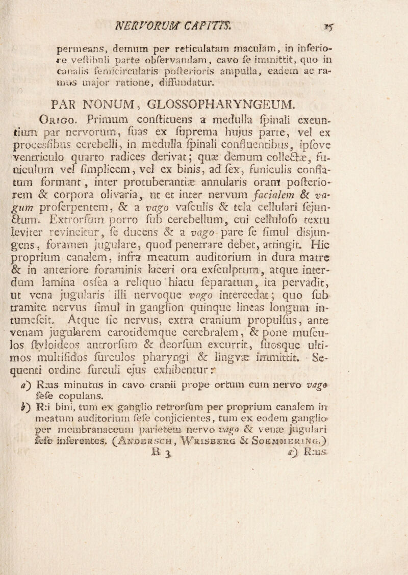 xf permeans, demum per reticulatam macularo, in inferio¬ re veftibuli parte obfervandam, cavo fe immittit, quo in canalis fe mi circularis p.oflerioris ampulla, eadem ac ra¬ mus maior ratione, diffundatur. -o PAR NONUM, GLOSSOPHARYNGEUM. Origo. Primum conftituens a medulla Ipinali exeun¬ tium par nervorum-, fuas ex fbprema hujus parte, vel ex procesfibos cerebelli, in medulla Ipinali confluentibus^ ipfove ventriculo quarto radices derivat; quae demum coi!e£be, fu¬ niculum vel fimplicem, vel ex binis, ad fex, funiculis confla» tum formant 5 inter protuberandae annularis oram pofterio- rem & corpora oli varia 9 tit et inter- nervum facialem & va¬ gum proferpentem, & a vago vafculis & tela cellulari fejun- Sum. Extrorfam porro fiib cerebellum 5 cui celfulofo textu leviter revincitur, fe ducens & a vago pare fe fimul disjun¬ gens, foramen jugulare, quod penetrare debet, attingit. Hic proprium canalem, infra meatum auditorium in dura matre & in anteriore foraminis laceri ora exiculptum, atque inter¬ dum lamina osfea a reliquo hiatu feparatum, ita pervadit, ut vena jugularis illi nervoque vago intercedat; quo fub tramite nervus fimul in ganglion quinque lineas longum in- tumefeit Atque fic nervus, extra cranium propulfiis, ante venam jugularem carotidemque cerebralem, & pone mufeu- los ftyloideos antrorfiim & deorfum excurrit, fuosque ulti¬ mos multifidos furculos pharyngi & lingvse immittit. Se¬ quenti ordine fiirculi ejus exhibentur r a') R:ns minutus in cavo cranii prope ortum eum nervo vaga fefe copulans. i) R:i bini, tum ex ganglio retrorfum per proprium canalem in meatum auditorium fefe conjicientes, tum ex eodem ganglio? per membranaceum parietem nervo vago & venae jugulari fefe inferentes. (Altas rsch, Wrisbbrg & Soemmerihg.) B % r), Rms-