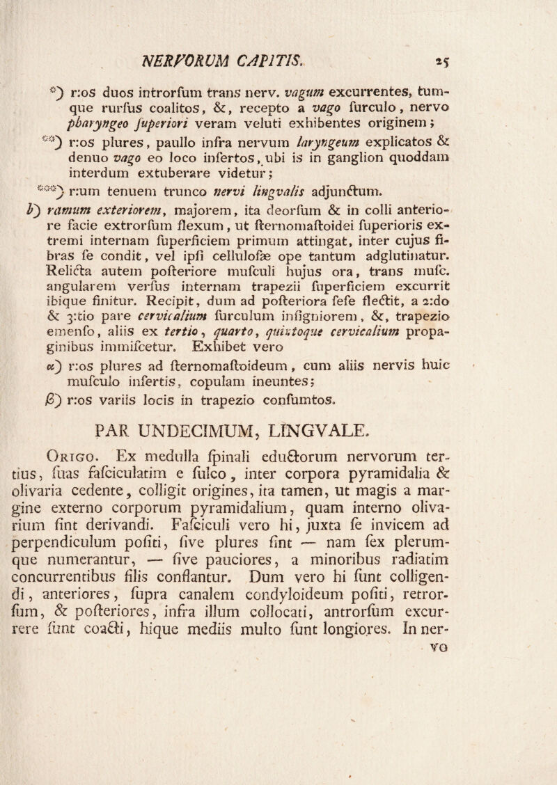 r:os duos introrfum trans nerv. vagum excurrentes, tum- que rurfus coalitos, &, recepto a vago furculo, nervo pharyngeo Juperiori veram veluti exhibentes originem; r:os plures, paullo infra nervum laryngeum explicatos & denuo vago eo loco infertos,_ubi is in ganglion quoddam interdum extuberare videtur; r:um tenuem trunco nervi lingvalis adjunftum. T) ramum exteriorem, majorem, ita deorfum & in colli anterio¬ re facie extrorfum flexum, ut flernomaftoidei fuperioris ex» tremi internam fuperficiem primum attingat, inter cujus fi¬ bras fe condit, vel ipfi cellulofae ope tantum adglutinatur. Relifta autem pofteriore mufculi hujus ora, trans mufc. angularem verfus internam trapezii fuperficiem excurrit ibique finitur. Recipit, dum ad pofteriora fefe fledlit, a a:do & 3:tio pare cervicalium furculum infigniorem, &, trapezio emenfo, aliis ex tertio, quarto, quhtoque cervicalium propa¬ ginibus imrnifcetur. Exhibet vero #3 r:os plures ad fternomafloideum, cum aliis nervis huic mufculo infertis, copulam ineuntes; &) r:os variis locis in trapezio confumtos» PAR UNDECIMUM? LTNGVALE* Origo. Ex medulla fpinali eduftorum nervorum ter» tius, aras fafciculatirn e jfiilco , inter corpora pyramidalia & olivaria cedente, colligit origines, ita tamen, ut magis a mar¬ gine externo corporum pyramidalium, quam interno oliva¬ rium fint derivandi. Fafciculi vero hi, juxta fe invicem ad perpendiculum pofiti, (Ive plures fint — nam fex plerum¬ que numerantur, — five pauciores, a minoribus radiatim concurrentibus filis conflantur. Dum vero hi funt colligen¬ di , anteriores, fupra canalem condyloideum pofiti, retror- fum, & pofteriores, infra illum collocati, antrorfum excur¬ rere fiint coafti, hique mediis multo funt longiores. In ner¬ vo ■S.