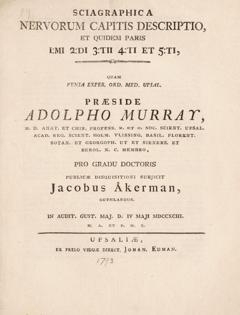 SCIAGRAPHIC A NERVORUM CAPITIS DESCRIPTIO, ET QUIDEM PARIS i;MI 2lDI 3:TII 4:11 ET 5:TI? *= i ■ 11 ■ .r~'TT' ,lb— QUAM FENI A EXPER. ORD. MED. VE SAL. PRjESIDE ADOLPHO MURRA T, » M. D. ANAT. ET CHIR. PROFESS. R. ET o. SOC. SCIENT. UPSAL* ACAD. REG, SCIENT. HOLM. VLISSING» BASIL. FLORENT» BOTAN. ET GEORGOPH. UT ET SlENENS. ET BEROL. N. C* MEMBRO, PRO GRADU DOCTORIS PUBLICI DISQUISITIONI SUBJICIT jaeobus Akerman, GOTHLANDUS, IN AUDIT. GUST. MAJ. D. IV MAJI MDCCXCIIL H. A. TST P. M. S. U P b A L I JE , EX PRELO VIDUA DIRECT, JOHAN. E D M A N,