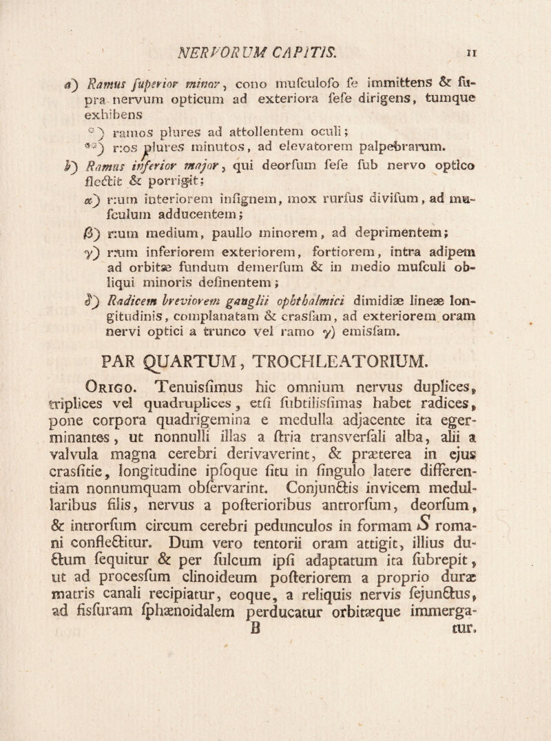 #) Ramus fiaperiar minor , cono mufculofo fe immittens & fu- pra nervum opticum ad exteriora fefe dirigens, tum que exhibens *} ramos plures ad attollentem oculi; **) r:os flares minutos, ad elevatorem palpebrarum. ¥) Ramus inferior major > qui deorfum fefe fub nervo optico flcdtifc & porrigit; $f) r;um interiorem in (ignem, mox rurfus divifum, ad mia- fculum adducentem; s. num medium, paullo minorem, ad deprimentem; y) rara inferiorem exteriorem, fortiorem, intra adipem ad orbitse fundum detnerfum & in medio mufculi ob¬ liqui minoris delinentem; $} Radicem breviorem ganglii ophthalmici dimidiae lineae lon¬ gitudinis, complanatam & crasfam, ad exteriorem oram nervi optici a trunco vei ramo y) emislarn. PAR QUARTUM, TROCHLEATORIUM. Origo. Tenuis fimus hic omnium nervus duplices, triplices vel quadruplices, etfi llibriiisfimas habet radices, pone corpora quadrigemina e medulla adjacente ita eger¬ minantes , ut nonnulli illas a ftria transverfali alba, alii a valvula magna cerebri derivaverint, & praeterea in ejus crasfitie, longitudine ipioque fitu in fingulo latere differen¬ tiam nonnumquam obfervarint. Conjunftis invicem medul¬ laribus filis, nervus a pofterioribus antrorfum, deorlum, & introrfum circum cerebri pedunculos in formam S roma- ni confleftitur. Dum vero tentorii oram attigit, illius du¬ ctum lequitur & per Iuleum ipfi adaptatum ita fiibrepit, ut ad procesfum clinoideum pofteriorem a proprio durae matris canali recipiatur, eoque, a reliquis nervis fejun&us, ad fisfuram Iphaenoidalem perducatur orbitaeque immerga- B tur.