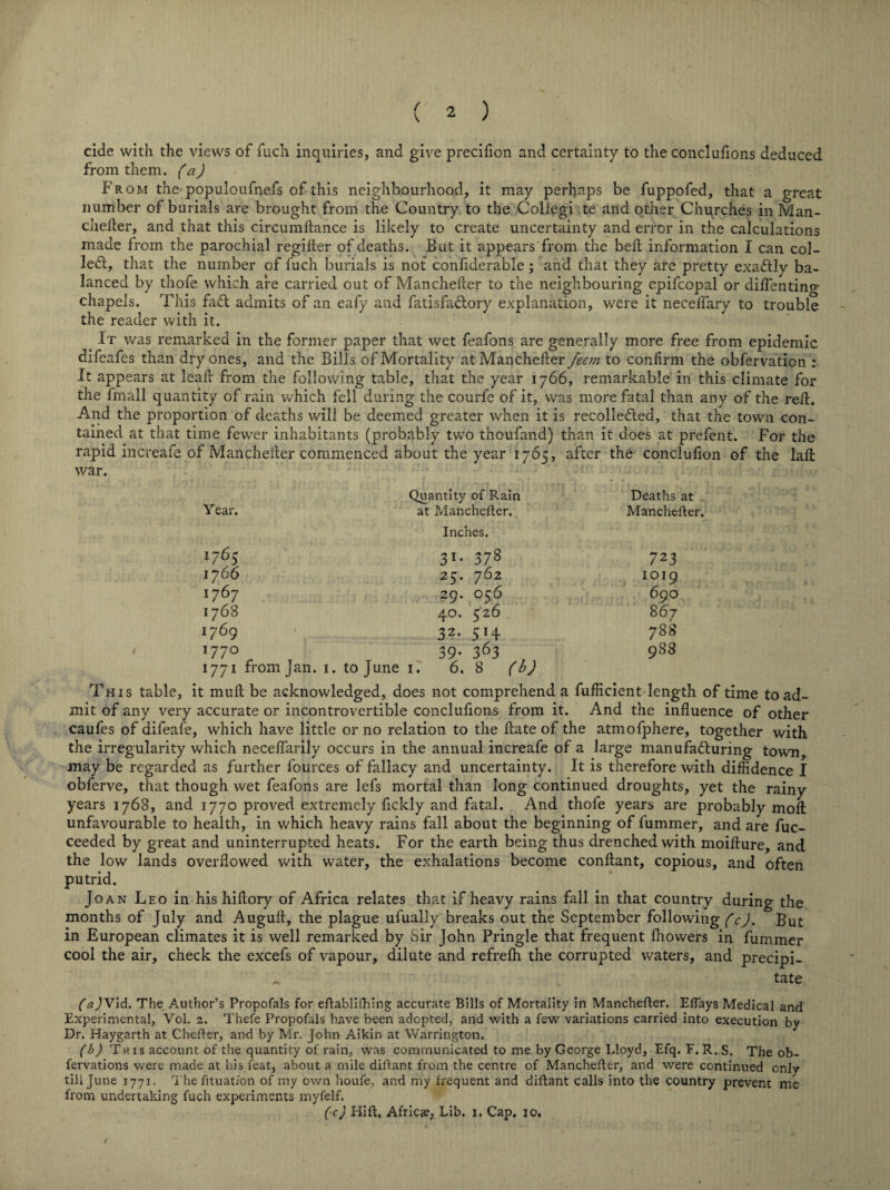 cide with the views of fuch inquiries, and give precifion and certainty to the conclufions deduced from them, (a) From the populoufnefs of this neighbourhood, it may perhaps be fuppofed, that a great number of burials are brought from the Country to the Collegi te and other Churches in Man- chefter, and that this circumftance is likely to create uncertainty and error in the calculations made from the parochial regilter of deaths. But it appears from the bed information I can col¬ led, that the number of fuch burials is not confiderable; and that they are pretty exadly ba¬ lanced by thofe which are carried out of Manchefler to the neighbouring epifcopal or diffenting chapels. This fad admits of an eafy and fatisfadory explanation, were it neceifary to trouble the reader with it. It was remarked in the former paper that wet feafons are generally more free from epidemic difeafes than dry ones, and the Bills of Mortality at Mancheder feetn to confirm the obfervation : It appears at lead from the following table, that the year 1766, remarkable in this climate for the fmall quantity of rain which fell during the courfe of it, was more fatal than any of the red. And the proportion of deaths will be deemed greater when it is recolleded, that the town con¬ tained at that time fewer inhabitants (probably two thoufand) than it does at prefent. For the rapid increafe of Mancheder commenced about the year 1765, after the conclufion of the lad war. Y ear. Quantity of Rain at Mancheder. Deaths at Mancheder. 1765 Inches. 31 • 3 78 723 1766 25. 762 IOI9 1767 29. 056 690 1768 40. 526 867 1769 32, 5H 788 1770 39- 363 988 1771 from Jan. 1. to June 1. 6. 8 (b) This table, it mud be acknowledged, does not comprehend a fufficient length of time to ad¬ mit of any very accurate or incontrovertible conclufions from it. And the induence of other caufes of difeafe, which have little or no relation to the date of the atmofphere, together with the irregularity which necedarily occurs in the annual increafe of a large manufacturing town, may be regarded as further fources of fallacy and uncertainty. It is therefore with diffidence I obferve, that though wet feafons are lefs mortal than long continued droughts, yet the rainy years 1768, and 1770 proved extremely fickly and fatal. And thofe years are probably mod unfavourable to health, in which heavy rains fall about the beginning of fummer, and are fuc- ceeded by great and uninterrupted heats. For the earth being thus drenched with moidure, and the low lands overdowed with water, the exhalations become condant, copious, and often putrid. Joan Leo in his hidory of Africa relates that if heavy rains fall in that country during the months of July and Augult, the plague ufually breaks out the September following (c). But in European climates it is well remarked by Sir John Pringle that frequent Ihowers in dimmer cool the air, check the excefs of vapour, dilute and refrelh the corrupted waters, and precipi- ~ tate (aJVid. The Author’s Propofals for edabliffiing accurate Bills of Mortality in Mancheder. Efiays Medical and Experimental, Yoi. 2. Thefe Propofals have been adopted, and with a few variations carried into execution by Dr. Haygarth at Cheder, and by Mr. John Aikin at Warrington. (h) This account of the quantity of rain, was communicated to me by George Lloyd, Efq. F.R. S. The ob- fervations were made at his feat, about a mile didant from the centre of Mancheder, and were continued only till June 1771. Thefituation of my own houfe, and my frequent and didant calls into the country prevent me from undertaking fuch experiments rnyfelf. (c) Hid, Africa, Lib. 1. Cap. 10,