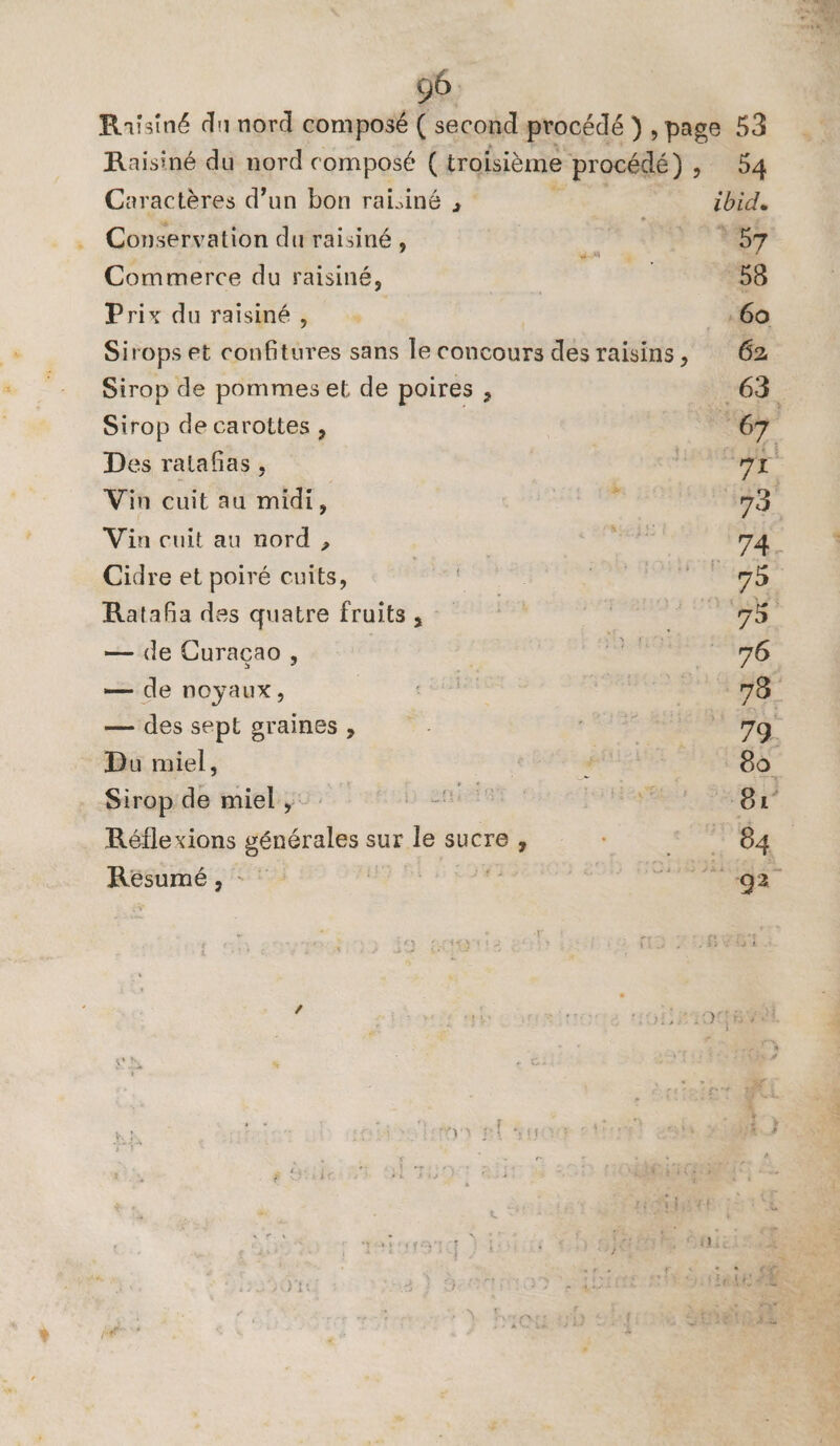 Raisiné du nord composé ( second procédé }, page 53 Raisiné du nord composé ( troisième procédé), 54 Caractères d’un bon raisiné , | ibid. Conservation du raisiné , ‘re GE Commerce du raisiné, ie 58 Prix duraisiné, 60 Sirops et confitures sans le concours dés raisins, 62 Sirop de pommes et de poires , ire. Sirop de carottes, | 67 Des ratafas, | Dh : 2 Vin cuit au midi, S 73 Vin cuit au nord , Gus ris LS Cidre et poiré cuits, LES | ci: 75. Ratafa des quatre fruits, PRE — de Curaçao , REPORTS — de noyaux, ea Me. E — des sept graines , . Due a (ei Du miel, 4 89 Sirop de miel, Demi FR TAGE Réflexions générales sur le sucre , Mn Resiné:s ie | | #7 oi ‘ra | d