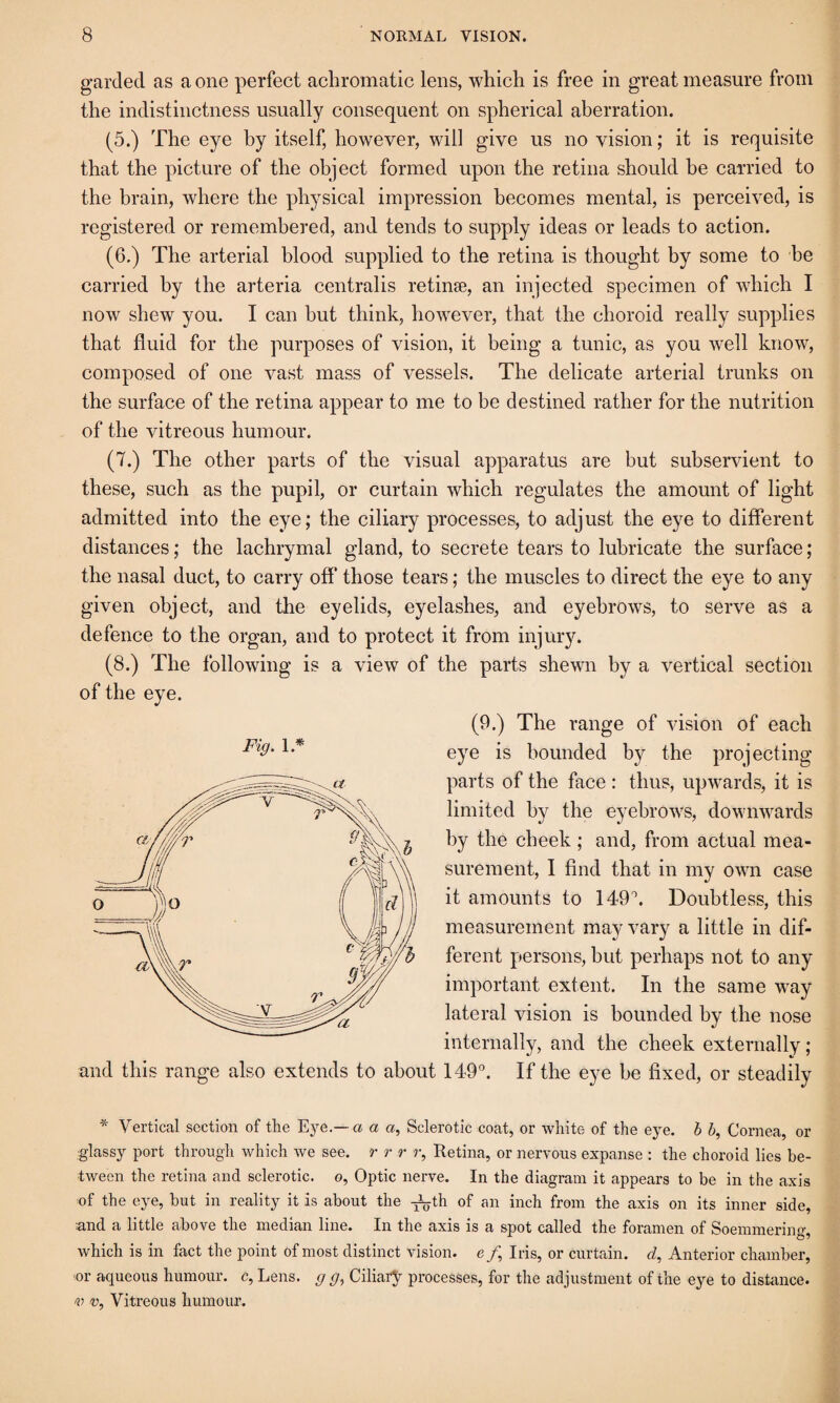 garded as a one perfect achromatic lens, which is free in great measure from the indistinctness usually consequent on spherical aberration. (5.) The eye by itself, however, will give us no vision; it is requisite that the picture of the object formed upon the retina should be carried to the brain, where the physical impression becomes mental, is perceived, is registered or remembered, and tends to supply ideas or leads to action. (6.) The arterial blood supplied to the retina is thought by some to be carried by the arteria centralis retinse, an injected specimen of which I now shew you. I can hut think, however, that the choroid really supplies that fluid for the purposes of vision, it being a tunic, as you well know, composed of one vast mass of vessels. The delicate arterial trunks on the surface of the retina appear to me to be destined rather for the nutrition of the vitreous humour. (7.) The other parts of the visual apparatus are but subservient to these, such as the pupil, or curtain which regulates the amount of light admitted into the eye; the ciliary processes, to adjust the eye to different distances; the lachrymal gland, to secrete tears to lubricate the surface; the nasal duct, to carry off those tears; the muscles to direct the eye to any given object, and the eyelids, eyelashes, and eyebrows, to serve as a defence to the organ, and to protect it from injury. (8.) The following is a view of the parts shewn by a vertical section of the eye. Fig. L* (9.) The range of vision of each eye is bounded by the projecting parts of the face : thus, upwards, it is limited by the eyebrows, downwards by the cheek; and, from actual mea¬ surement, I find that in my own case it amounts to 149\ Doubtless, this measurement may vary a little in dif¬ ferent persons, hut perhaps not to any important extent. In the same w^ay lateral vision is bounded by the nose internally, and the cheek externally; 149°. If the eye be fixed, or steadily * Vertical section of the Eye,—a a a, Sclerotic coat, or white of the eye. h Cornea, or glassy port through which we see. r r r r., Retina, or nervous expanse : the choroid lies be¬ tween the retina and sclerotic, o. Optic nerve. In the diagram it appears to be in the axis of the eye, but in reality it is about the ^th of an inch from the axis on its inner side, and a little above the median line. In the axis is a spot called the foramen of Soemmering, which is in fact the point of most distinct vision, e /, Iris, or curtain. Anterior chamber, or aqueous humour, c. Lens, g g.^ Ciliary processes, for the adjustment of the eye to distance. ai V, Vitreous humour.