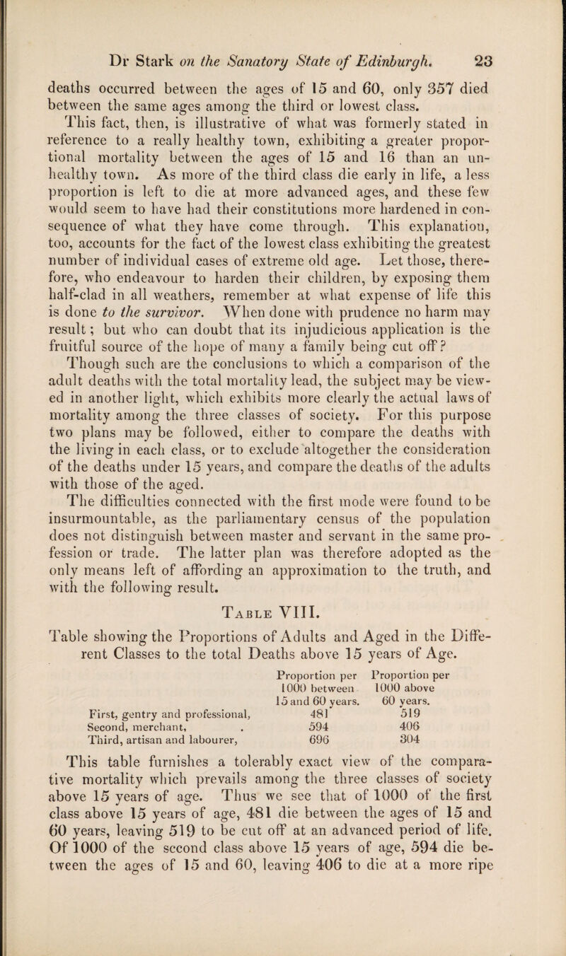 deaths occurred between the ages of 15 and 60, only 357 died between the same ages among the third or lowest class. This fact, then, is illustrative of what was formerly stated in reference to a really healthy town, exhibiting a greater propor¬ tional mortality between the ages of 15 and 16 than an un¬ healthy town. As more of the third class die early in life, a less proportion is left to die at more advanced ages, and these few would seem to have had their constitutions more hardened in con¬ sequence of what they have come through. This explanation, too, accounts for the fact of the lowest class exhibiting the greatest number of individual cases of extreme old age. Let those, there¬ fore, who endeavour to harden their children, by exposing them half-clad in all weathers, remember at what expense of life this is done to the survivor. When done with prudence no harm may result; but who can doubt that its injudicious application is the fruitful source of the hope of many a family being cut off? Though such are the conclusions to which a comparison of the adult deaths with the total mortality lead, the subject may be view¬ ed in another light, which exhibits more clearly the actual laws of mortality among the three classes of society. For this purpose two plans may be followed, either to compare the deaths with the living in each class, or to exclude altogether the consideration of the deaths under 15 years, and compare the deaths of the adults with those of the aged. ^ O The difficulties connected with the first mode were found to be insurmountable, as the parliamentary census of the population does not distinguish between master and servant in the same pro¬ fession or trade. The latter plan was therefore adopted as the only means left of affording an approximation to the truth, and with the following result. Table VIII. Table showing the Proportions of Adults and Aged in the Diffe¬ rent Classes to the total Deaths above 15 years of Age. Proportion per Proportion per 1000 between 1000 above 15 and 60 years. 60 years. First, gentry and professional, 481 519 Second, merchant, . 594 406 Third, artisan and labourer, 696 304 This table furnishes a tolerably exact view of the compara¬ tive mortality which prevails among the three classes of society above 15 years of age. Thus we see that of 1000 of the first class above 15 years of age, 481 die between the ages of 15 and 60 years, leaving 519 to be cut off at an advanced period of life. Of 1000 of the second class above 15 years of age, 594 die be¬ tween the ages of 15 and 60, leaving 406 to die at a more ripe