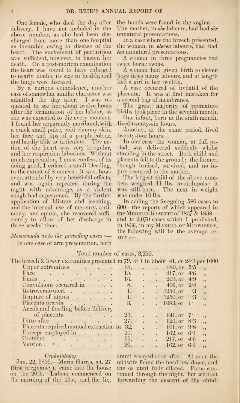 One female, who died the day after delivery, I have not included in the above number, as she had been dis¬ charged from more than one hospital as incurable, owing to disease of the heart. The excitement of parturition was sufficient, however, to hasten her death. On a post-mortem examination the heart was found to have enlarged to nearly double its size in health, and the lungs were diseased. By a curious coincidence, another case of somewhat similar character was admitted the day after. I was re¬ quested to see her about twTelve hours after the termination of her labour, as she was expected to die every moment. 1 found her apparently moribund, with a quick small pulse, cold clammy skin, her face and lips of a purple colour, and hardly able to articulate. The ac¬ tion of the heart was very irregular, and her respiration laborious. Without much expectation, I must confess, of its doing good, I ordered a small bleeding, to the extent of S ounces : it was, how¬ ever, attended by very beneficial effects, and was again repeated during the night with advantage, as a violent cough had supervened. By the further application of blisters and leeching, and the internal use of mercury, anti¬ mony, and opium, she recovered suffi¬ ciently to allow of her discharge in three weeks’ time. Memoranda as to the preceding cases ■— In one case of arm presentation, both the hands w*ere found in the vagina.'— The mother, in six labours, had had six unnatural presentations. In a case where the breech presented, the woman, in eleven labours, had had ten unnatural presentations. A woman in three pregnancies had twrice borne twins. A woman had given birth to eleven boys in as many labours, and at length had a girl in her twelfth. A case occurred of hydatid of the placenta. It ivas at first mistaken for a second bag of membranes. The great majority of premature births took place in the seventh month. One infant, born at the sixth month, lived twenty-six hours. Another, at the same period, lived twenty-four hours. In one case the woman, at full pe¬ riod, was delivered suddenly whilst standing in the street. Both child and placenta fell to the ground ; the former, though bruised, survived, and no in¬ jury occurred to the mother. The largest child of the above num¬ bers weighed 11 lbs. avoirdupois : it was still-born. The next in weight was under 10 lbs. In adding the foregoing 580 cases to 600—the reports of which appeared in the Medical Gazette of 1837 & 1838— and to 2,070 cases which I published, in 1836, in my Manual of Midwifery, the following will be the average re¬ sult :— Total number of cases, 3,250. The breech & lower extremities presented in 79, or 1 in about 41, or 24*3 per 1000 Upper extremities 18, . 180, or 5*5 11 Face . . . . . . 15, . 2l7,or 4*6 11 Funis . . 16, . 203, or 4*9 11 Convulsions occurred in . . 8, . 406, or 2*4 11 Retroversio uteri .... 1, • I, . . 3250, or *3 11 Rupture of uterus . . . . . 3250, or *3 11 Placenta praevia .... Accidental flooding before delivery 3, . 1083, or 1* 11 of placenta . . . 23, 141,or 7* 11 Ditto after ..... 27, . . 120, or 8*3 11 Placenta required manual extraction in 32, . 101,or 9*8 11 Forceps employed in 20. 162, or 6*1 11 Crotchet . . . . . 15, . . 217,or 4*6 11 Version * . 20, . 162, or 6*1 11 Cephalotomy. Jan. 22, 1839.-—Maria Harris, aet. 27 (first, pregnancy), came into the house on the 20th. Labour commenced on the morning of the 21st, and the liq. amnii escaped soon after. At noon the midwife found the head low down, and the os uteri fully dilated. Pains con¬ tinued through the night, but without forwarding the descent of the child.