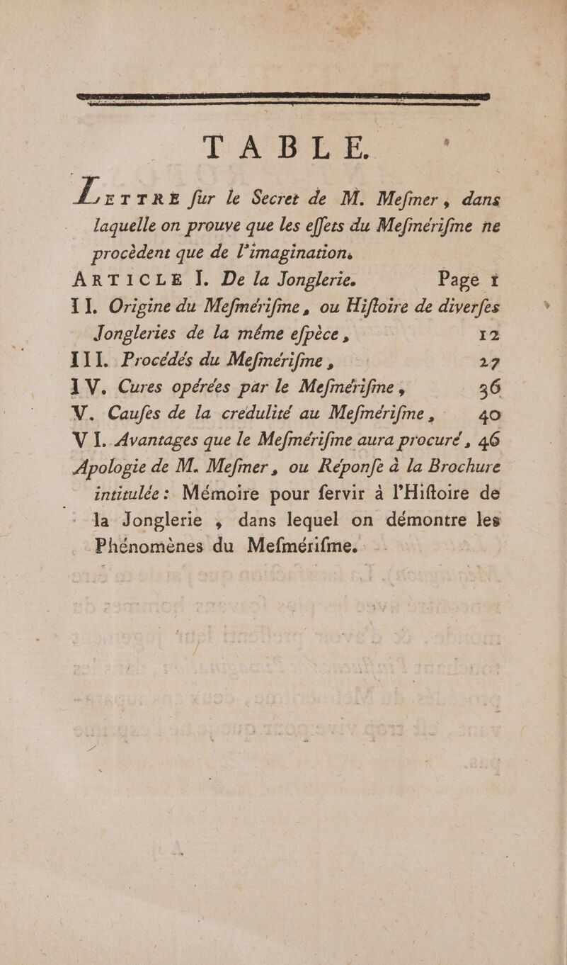 ARTICLE I. De la Jonglerie. Page + TI. Origine du Mefmerifine, ou Hifloire de diverfes Jongleries de la même efpèce, 12 III Procédés du Mefinerifme, 27 IV. Cures opérées par le Mefinerifme, 36 V. Caufes de la credulité au Mefmérifme , 40 V I. Avantages que le Mefmeérifme aura procuré, 46 Apologie de M. Mefmer, ou Réponfe à la Brochure intitulée : Mémoire pour fervir à l’'Hiftoire de la Jonglerie ,; dans lequel on démontre les Phénomènes du Mefmérifme.