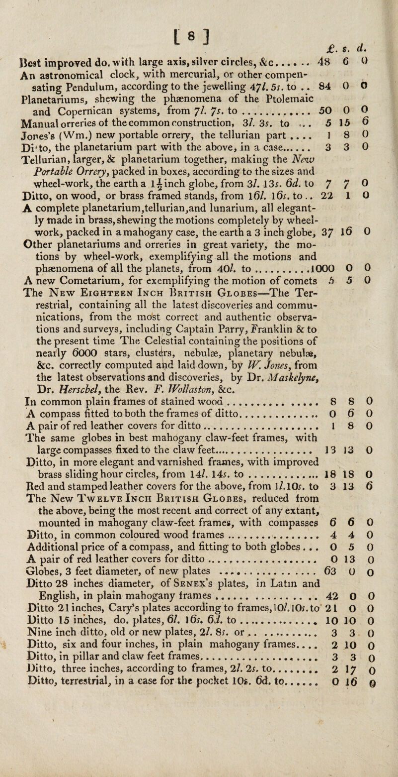 48 6 0 [s] Bc9t improved do, with large axis, silver circles, &c. An astronomical clock, with mercurial, or other compen¬ sating Pendulum, according to the jewelling 47/. 5s. to .. 84 0 O Planetariums, shewing the phaenomena of the Ptolemaic and Copernican systems, from fl. JS. to. 50 0 O Manual orreries ot the common construction, 3/. 3*. to ... 5 15 6 Jones’s (Wm.) new portable orrery, the tellurian part .... 1 8 0 Di1 to, the planetarium part with the above, in a case. 3 3 0 Tellurian, larger, & planetarium together, making the New Portable Orrery, packed in boxes, according to the sizes and wheel-work, the earth a l^inch globe, from 3/. 13*. 6d. to 7 7 0 Ditto, on wood, or brass framed stands, from 1(5/. 1(3*. to .. 22 1 O A complete planetarium,tellurian,and lunarium, all elegant¬ ly made in brass, shewing the motions completely by wheel- work, packed in a mahogany case, the earth a 3 inch globe, 3/ 16 0 Other planetariums and orreries in great variety, the mo¬ tions by wheel-work, exemplifying all the motions and phaenomena of all the planets, from 40/. to.1000 0 0 A new Cometarium, for exemplifying the motion of comets 5 5 0 The New Eighteen Inch British Globes—'The Ter¬ restrial, containing all the latest discoveries and commu¬ nications, from the most correct and authentic observa¬ tions and surveys, including Captain Parry, Erankiin & to the present time The Celestial containing the positions of neatly 6000 stars, clusters, nebulae, planetary nebulae, &c. correctly computed ahd laid down, by W. Jones, from the latest observations and discoveries, by Or. Maskelyne, Dr. Herscbel, the Rev. F. Wollaston, &c. Ill common plain frames oi stained wood .. 8 8 0 A compass fitted to both the frames of ditto... O 6 0 A pair of red leather covers for ditto. 1 8 0 The same globes in best mahogany claw-feet frames, with large compasses fixed to the claw feet... 13 13 0 Ditto, in more elegant and varnished frames, with improved brass sliding hour circles, from 14/. 14*. to... 18 18 O Red and stamped leather covers for the above, from l/. 10*. to 3 13 6 The New Twelve Inch British Globes, reduced from the above, being the most recent and correct of any extant, mounted in mahogany claw-feet frames, with compasses 6 6 0 Ditto, in common coloured wood irames. 4 4 0 Additional price of a compass, and fitting to both globes ... 0 5 0 A pair of red leather covers for ditto .. 0 13 0 Globes, 3 feet diameter, of new plates . 63 0 0 Ditto 28 inches diameter, of Senex’s plates, in Latin and English, in plain mahogany Irames. 42 0 0 Ditto 21 inches, Cary’s plates according to frames, 10/. 10*. to 21 0 0 Ditto 15 inches, do. plates, 61. 10*. 6:1. to. 10 10 0 Nine inch ditto, old or new plates, 2/. 8*. or. 3 3 0 Ditto, six and four inches, in plain mahogany frames.... 2 10 0 Ditto, in pillar and claw feet frames. 3 3 0 Ditto, three inches, according to frames, 2/. 2*. to. 2 17 0