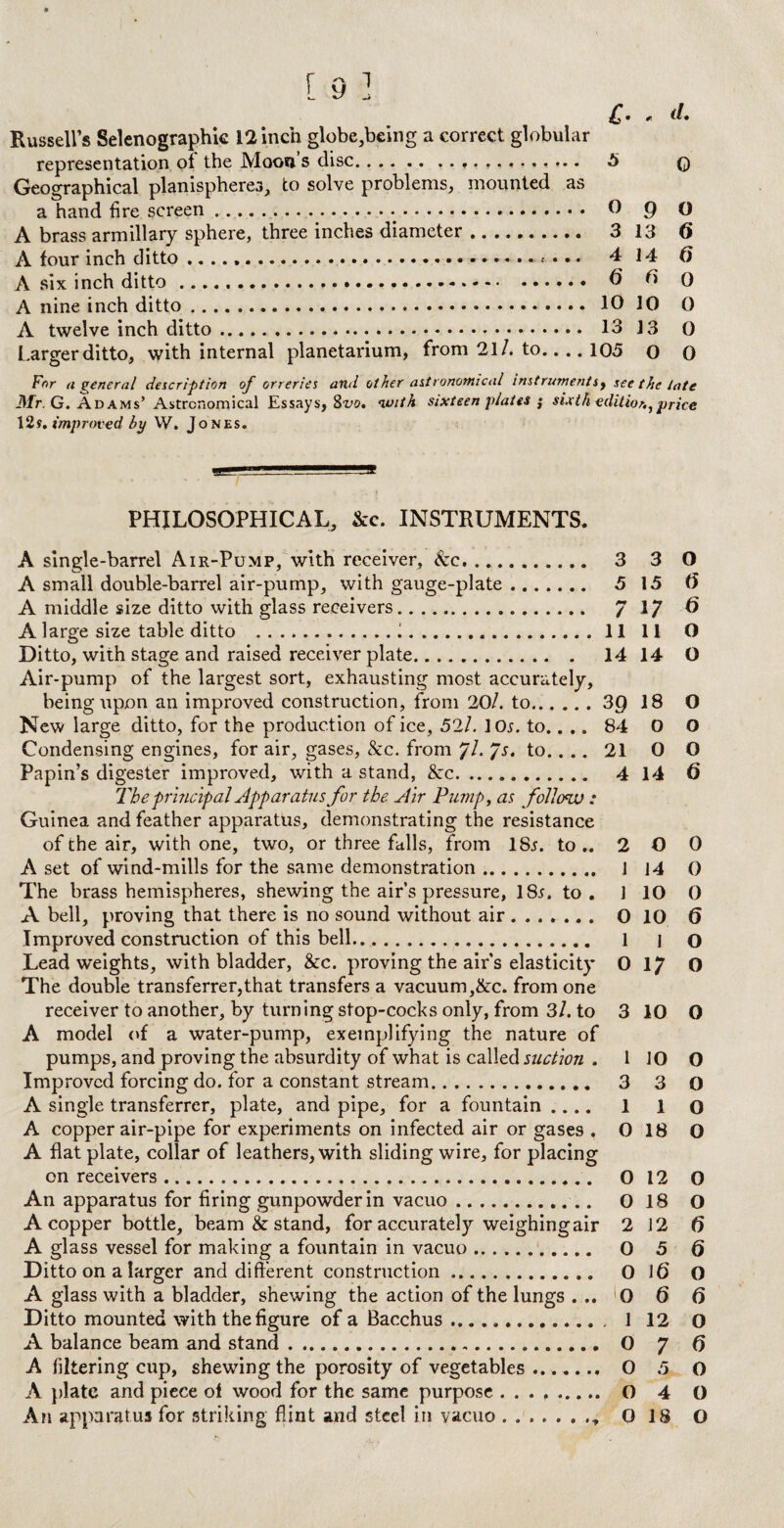 Russell’s Stenographic 12 inch globe,being a correct globular representation ot the Moon s disc. 5 q Geographical planispheres, to solve problems, mounted as a hand fire screen. ^ 9 O A brass armillary sphere, three inches diameter. 3 13 6 A four inch ditto .. 4 14 () A six inch ditto. 6 G 0 A nine inch ditto. 10 10 0 A twelve inch ditto. 13 13 0 Largerditto, with internal planetarium, from 21/. to.... 105 o 0 For a general description of orreries and other astronomical instruments, see the late Mr. G. Adams’ Astronomical Essays, Svo. with sixteen plates ; sixth edition,price 12s. improved by W. Jones. PHILOSOPHICAL, &c. INSTRUMENTS. A single-barrel Air-Pump, with receiver, &c. ... 3 3 O A small double-barrel air-pump, with gauge-plate. 5 15 6 A middle size ditto with glass receivers. 7 17 ^ A large size table ditto .I.11 11 O Ditto, with stage and raised receiver plate. 14 14 O Air-pump of the largest sort, exhausting most accurately, being upon an improved construction, from 20/. to.3Q 18 0 New large ditto, for the production of ice, 52/. 10r. to.... 84 0 O Condensing engines, for air, gases, &c. from 7/- /s. to.... 21 0 0 Papin’s digester improved, with a stand, See. 4 14 6 The principal Apparatus for the Air Pump, as follow : Guinea and feather apparatus, demonstrating the resistance of the air, with one, two, or three falls, from 1Sj. to .. 2 O 0 A set of wind-mills for the same demonstration. 1 14 0 The brass hemispheres, shewing the air’s pressure, 18r. to. 1 10 0 A bell, proving that there is no sound without air ...... . 0 10 6 Improved construction of this bell.... 1 j o Lead weights, with bladder, &c. proving the air’s elasticity 0 17 O The double transferrer,that transfers a vacuum,&c. from one receiver to another, by turning stop-cocks only, from 3/. to 3 10 0 A model of a water-pump, exemplifying the nature of pumps, and proving the absurdity of what is called suction . 110 0 Improved forcing do. for a constant stream. 3 3 O A single transferrer, plate, and pipe, for a fountain .... 1 1 o A copper air-pipe for experiments on infected air or gases , 0 18 O A flat plate, collar of leathers, with sliding wire, for placing on receivers. O 12 O An apparatus for firing gunpowder in vacuo. O 18 O A copper bottle, beam & stand, for accurately weighing air 2 12 6 A glass vessel for making a fountain in vacuo. O 5 6 Ditto on a larger and different construction. 0 16 O A glass with a bladder, shewing the action of the lungs ... 0 6 6 Ditto mounted with the figure of a Bacchus .. 1 12 O A balance beam and stand. O 7 f) A filtering cup, shewing the porosity of vegetables....... 0 5 0 A plate and piece ol wood for the same purpose .. O 4 O