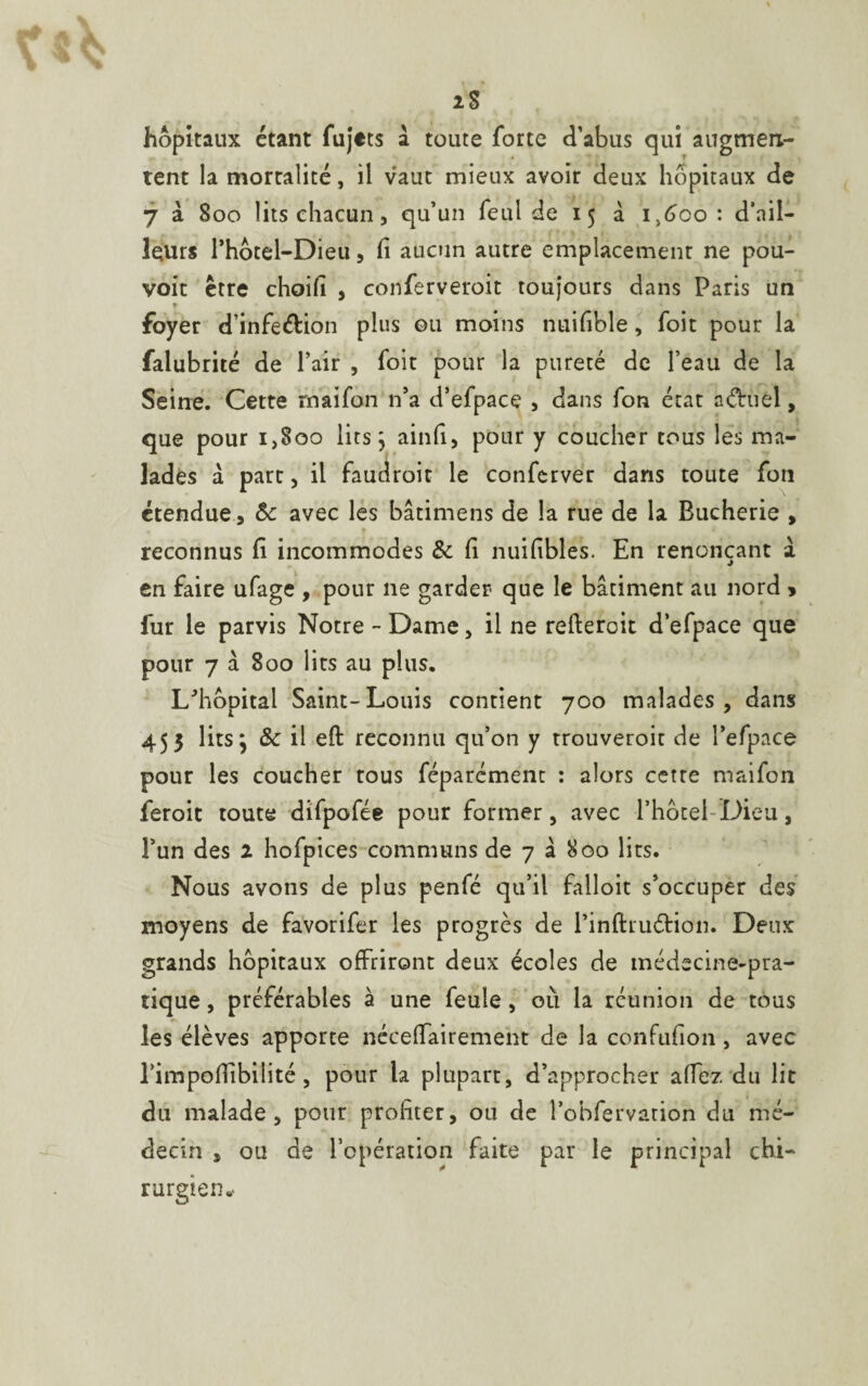 iS hôpitaux étant fujtts à toute forte d’abus qui augmen¬ tent la mortalité, il vaut mieux avoir deux hôpitaux de 7 à 800 lits chacun, qu’un feul de 15 à i,6oo : d’ail¬ leurs Photel-Dieu , fi aucun autre emplacement ne pou- voit être choifi , conferveroit toujours dans Paris un foyer d’infeélion plus ©11 moins nuifible, foit pour la falubrité de Pair , foit pour la pureté de Peau de la Seine. Cette rnaifon n’a d’efpace , dans fon état adîruél, que pour i>8oo lits } ainfi, pour y coucher tous les ma¬ lades a part, il faudroit le conferver dans toute fon étendue 5 Ôc avec les bâtimens de la rue de la Bucherie , reconnus fi incommodes &: fi nuifibles. En renonçant à. en faire ufage , pour ne garder- que le bâtiment au nord » fur le parvis Notre - Dame, il ne refteroit d’efpace que pour 7 à 800 lits au plus. L’hôpital Saint-Louis contient 700 malades, dans 455 lits} &c il eft reconnu qu’on y trouveroit de Pefpace pour les coucher tous féparémem : alors cetre rnaifon feroit toute difpofée pour former, avec l’hôtel Dieu, Pun des 1 hofpices communs de 7 â 800 lits. Nous avons de plus penfé qu’il falloit s’occuper des moyens de favorifer les progrès de Pinftruétion. Deux grands hôpitaux offriront deux écoles de médecine-pra¬ tique , préférables à une feule , où la réunion de tous les élèves apporte nécefiairement de la confufion , avec Pimpoffibilité, pour la plupart, d’approcher allez du lit du malade, pour profiter, ou de Pohfervation du mé¬ decin , ou de l’opération faite par le principal chi¬ rurgien.-