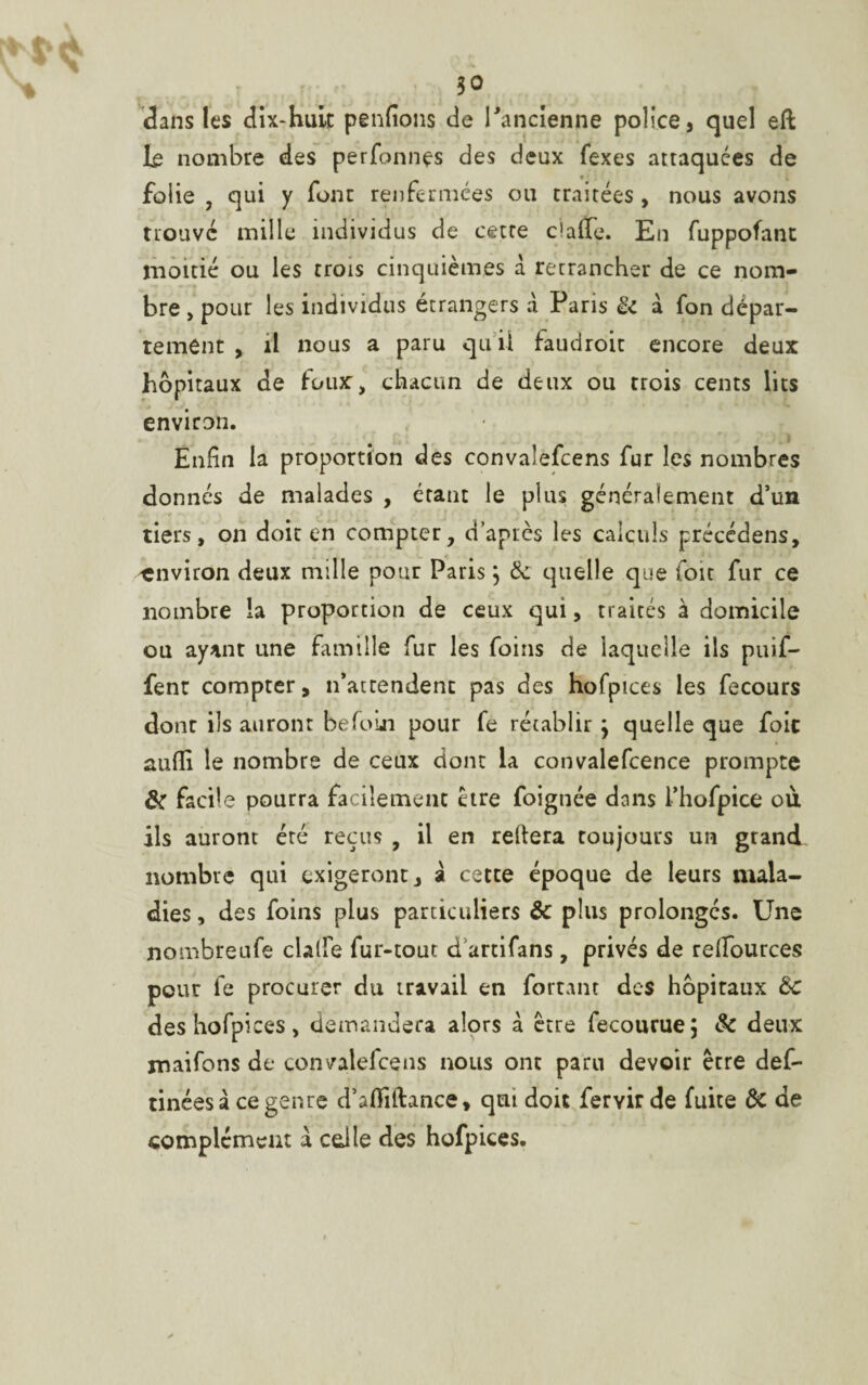 dans les dix-huit penfions de l'ancienne police, quel eft le nombre des perfonnes des deux fexes attaquées de folie , qui y font renfermées ou traitées , nous avons trouve mille individus de cette c^ffe. En fuppofant moitié ou les trois cinquièmes à retrancher de ce nom¬ bre , pour les individus étrangers à Paris 6c a fon dépar¬ tement , il nous a paru qui! faudroit encore deux hôpitaux de foux, chacun de deux ou trois cents lits environ. Enfin la proportion des convaîefcens fur les nombres donnés de malades , étant le plus généralement d’un tiers, on doit en compter, d’après les calculs précédens, ^environ deux mille pour Paris, & quelle que foit fur ce nombre la proportion de ceux qui, traités à domicile ou ayant une famille fur les foins de laquelle ils puif- fent compter, n’attendent pas des hofpices les fecours dont ils auront befoui pour fe rétablir j quelle que foie aufli le nombre de ceux dont la convalefcence prompte & facile pourra facilement être foignée dons l’hofpice où ils auront été reçus , il en reliera toujours un grand nombre qui exigeront, a cette époque de leurs mala¬ dies, des foins plus particuliers & plus prolongés. Une nombreufe clalfe fur-tout d artifans, privés de rellources pour fe procurer du travail en fortant des hôpitaux &c des hofpices, demandera alors à être fecouruej & deux maifons de convaîefcens nous ont paru devoir erre def- tinéesà ce genre d’afïiftance, qui doit feryirde fuite 6c de complément à celle des hofpices.