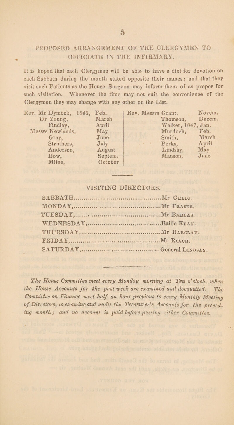 PROPOSED ARRANGEMENT OF THE CLERGYMEN TO OFFICIATE IN THE INFIRMARY. It is hoped that each Clergyman will be able to have a diet for devotion on each Sabbath during the month stated opposite their names; and that they visit such Patients as the House Surgeon may inform them of as proper for such visitation. Whenever the time may not suit the convenience of the Clergymen they may change with any other on the List. Rev. Mr Dymock, 1846, Feb. Dr Young, March Findlay, April Messrs Newlands, May Gray, June Struthers, July Anderson, August Bov/, Septem. Milne, October Rev. Messrs Grant, Novem, Thomson, Deceits. Walker, 1847, Jan. Murdoch, Feb, Smith, March Perks, April Lindsay, May Manson, June VISITING DIRECTORS. SABBATH.. MONDAY........ TUESDAY....... WEDNESDAY, THURSDAY,... FRIDAY,.. SATURDAY,... .Mr Greig. .Mr Fraser. .Mr Bare as. .Bailie Keaf. .Mr Barclay. Mr Riach. General Lindsay. The Home Committee meet every Monday morning at Ten o'clock, when the House Accounts for the past week are examined and docquetted. The Comnittee on Finance meet half an hour previous to every Monthly Medina of Directors, to examine and audit the Treasurer's Accounts for the preced¬ ing month ; and no account is paid before passing cither Committee,