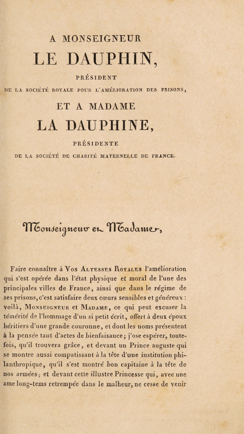 À MONSEIGNEUR LE DAUPHIN, PRÉSIDENT DE LA SOCIÉTÉ ROYALE POUR L’AMÉLIORATION DES PRISONS, ET A MADAME LA DAUPHINE, PRÉSIDENTE DE LA SOCIÉTÉ DE CHARITÉ MATERNELLE DE FRANCE» TF5oil6eicjiieiixr eu, m aJ aiuo~. Faire connaître à Vos Altesses Royales l’amélioration qui s’est opérée dans l’état physique et moral de l’une des principales villes de France, ainsi que dans le régime de ses prisons,c’est satisfaire deux cœurs sensibles et généreux : voilà, Monseigneur et Madame, ce qui peut excuser la témérité de l’hommage d’un si petit écrit, offert à deux epoux héritiers d’une grande couronne, et dont les noms présentent à la pensée tant d’actes de bienfaisance ; j’ose espérer, toute¬ fois, qu’il trouvera grâce, et devant un Prince auguste qui se montre aussi compatissant à la tête d’une institution phi¬ lanthropique, qu’il s’est montré bon capitaine à la tête de nos armées; et devant cette illustre Princesse qui, avec une ame long-tems retrempée dans le malheur, ne cesse de venir