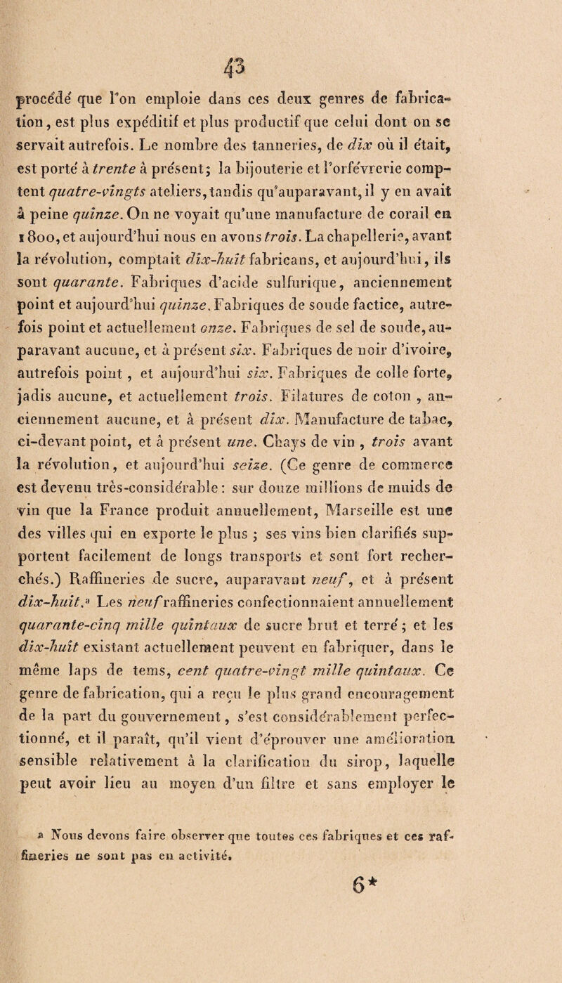 procédé que Ton emploie dans ces deux genres de fabrica¬ tion, est plus expe'ditif et plus productif que celui dont on se servait autrefois. Le nombre des tanneries, de dix où il e'tait, est porte' à trente à pre'sent; la bijouterie et Forfe'vrerie comp¬ tent quatre-vingts ateliers,tandis qu*auparavant, il y en avait â peine quinze. On ne voyait qu’une manufacture de corail en ï Boo, et aujourd’hui nous en avons trois. La chapellerie, avant la re'volution, comptait dix-huit fabricans, et aujourd’hui, ils sont quarante. Fabriques d’acide sulfurique, anciennement point et aujourd’hui quinze. Fabriques de soude factice, autre¬ fois point et actuellement onze. Fabriques de sel de soude, au¬ paravant aucune, et à pre'sent six. Fabriques de noir d’ivoire, autrefois point, et aujourd’hui six. Fabriques de colle forte* jadis aucune, et actuellement trois. Filatures de coton , an¬ ciennement aucune, et à pre'sent dix. Manufacture de tabac, ci-devant point, et â pre'sent une. Cliays de vin , trois avant la re'volution, et aujourd’hui seize. (Ce genre de commerce est devenu très-considerabîe : sur douze millions de muids de vin que la France produit annuellement, Marseille est une des villes qui en exporte le plus ; ses vins bien clarifie's sup¬ portent facilement de longs transports et sont fort recher¬ ches.) Raffineries de sucre, auparavant neuf, et à pre'sent dix-huit,a Les neuf raffineries confectionnaient annuellement quarante-cinq mille quintaux de sucre brut et terre' ; et les dix-huit existant actuellement peuvent en fabriquer, dans le même laps de tems, cent quatre-vingt mille quintaux. Ce genre de fabrication, qui a reçu le plus grand encouragement de la part du gouvernement, s’est considérablement perfec¬ tionne', et il paraît, qu’il vient d’e'prouver une amelioration sensible relativement à la clarification du sirop, laquelle peut avoir lieu au moyen d’un filtre et sans employer le » Nous devons faire observer que toutes ces fabriques et ces raf¬ fineries ne sont pas en activité. 6*