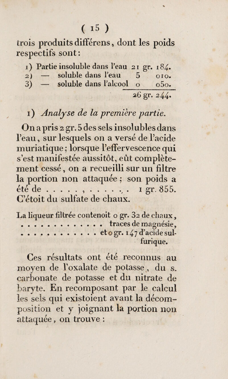 trois produits différons, dont les poids respectifs sont : 1) Partie insoluble dans l'eau 21 gr. 184• 2) — soluble dans l'eau 5 010. 3) — soluble dans l'alcool o o5o. 26 gr. 244• 1) Analyse de la première partie. On a pris 2 gr. 5 des sels insolubles dans l’eau, sur lesquels on a versé de l’acide muriatique ; lorsque l’effervescence qui s’est manifestée aussitôt, eût complète» ment cessé, on a recueilli sur un filtre la portion non attaquée ; son poids a été de.1 gr. 855. C’étoit du sulfate de chaux. La liqueur filtrée contenoit o gr. 32 de chaux, ... traces de magnésie ? ...et o gr. 147 d'acide sul¬ furique. Ces résultats ont été reconnus au moyen de l’oxalate de potasse , du s. carbonate de potasse et du nitrate de baryte. En recomposant par le calcul les sels qui existoient avant la décom¬ position et y joignant la portion non attaquée, on trouve :