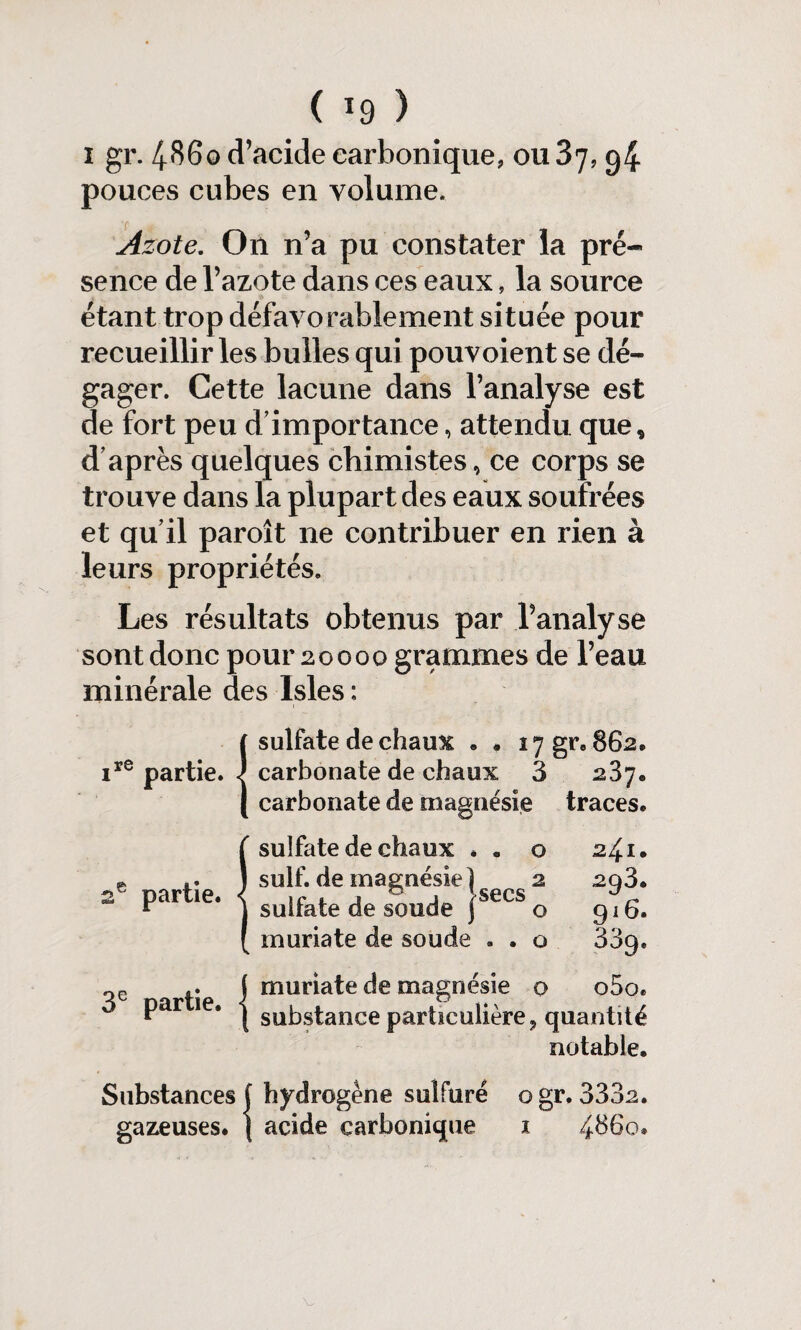 ï gr. 4$6o d’acide carbonique, ou 87, 94 pouces cubes en volume. Azote. O11 n’a pu constater la pré¬ sence de l’azote dans ces eaux, la source étant trop défavorablement située pour recueillir les bulles qui pou voient se dé¬ gager. Cette lacune dans l’analyse est de fort peu d’importance, attendu que, d’après quelques chimistes, ce corps se trouve dans la plupart des eaux soufrées et qu’il paroît 11e contribuer en rien à leurs propriétés. Les résultats obtenus par l’analyse sont donc pour 20000 grammes de l’eau minérale des Isles : ( sulfate de chaux * . I7gr.862. ire partie. J carbonate de chaux 3 237. carbonate de magnésie traces. sulfate de chaux . . o 241. suif, de magnésie) 2 293. sulfate de soude j SeCS o 916. muriate de soude . . o 339. ~e .. \ muriate de magnésie o o5o. P * | substance particulière 9 quantité notable. Substances J hydrogène sulfuré o gr. 3332. gazeuses. \ acide carbonique 1 4b6o.