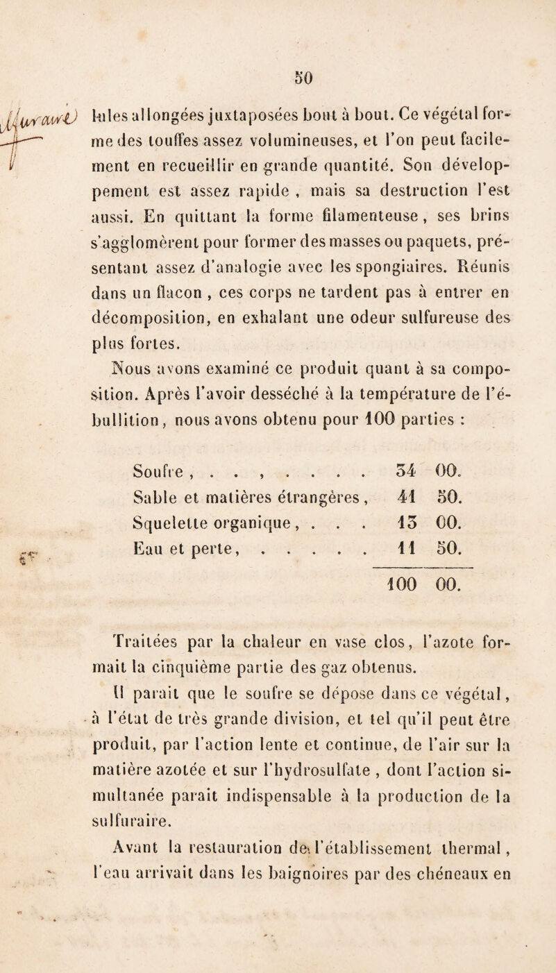 5*0 Iules allongées juxtaposées bout à bout. Ce végétal for» me des touffes assez volumineuses, et l’on peut facile¬ ment en recueillir en grande quantité. Son dévelop¬ pement est assez rapide , mais sa destruction l’est aussi. En quittant la forme filamenteuse, ses brins s’agglomèrent pour former des masses ou paquets, pré¬ sentant assez d’analogie avec les spongiaires. Réunis dans un flacon , ces corps ne tardent pas à entrer en décomposition, en exhalant une odeur sulfureuse des plus fortes. Nous avons examiné ce produit quant à sa compo¬ sition. Après l’avoir desséché à la température de l’é¬ bullition, nous avons obtenu pour 100 parties : ?■ Soufre 54 00. Sable et matières étrangères, 41 50. Squelette organique, . . . 15 00. Eau et perte,. 11 50. 100 00. Traitées par la chaleur en vase clos, l’azote for¬ mait la cinquième partie des gaz obtenus. Il parait que le soufre se dépose dans ce végétal, à l’état de très grande division, et tel qu’il peut être produit, par faction lente et continue, de l’air sur la matière azotée et sur l’hydrosulfate , dont faction si¬ multanée parait indispensable à la production de la sulfuraire. Avant la restauration de', l’établissement thermal, l’eau arrivait dans les baignoires par des chéneaux en