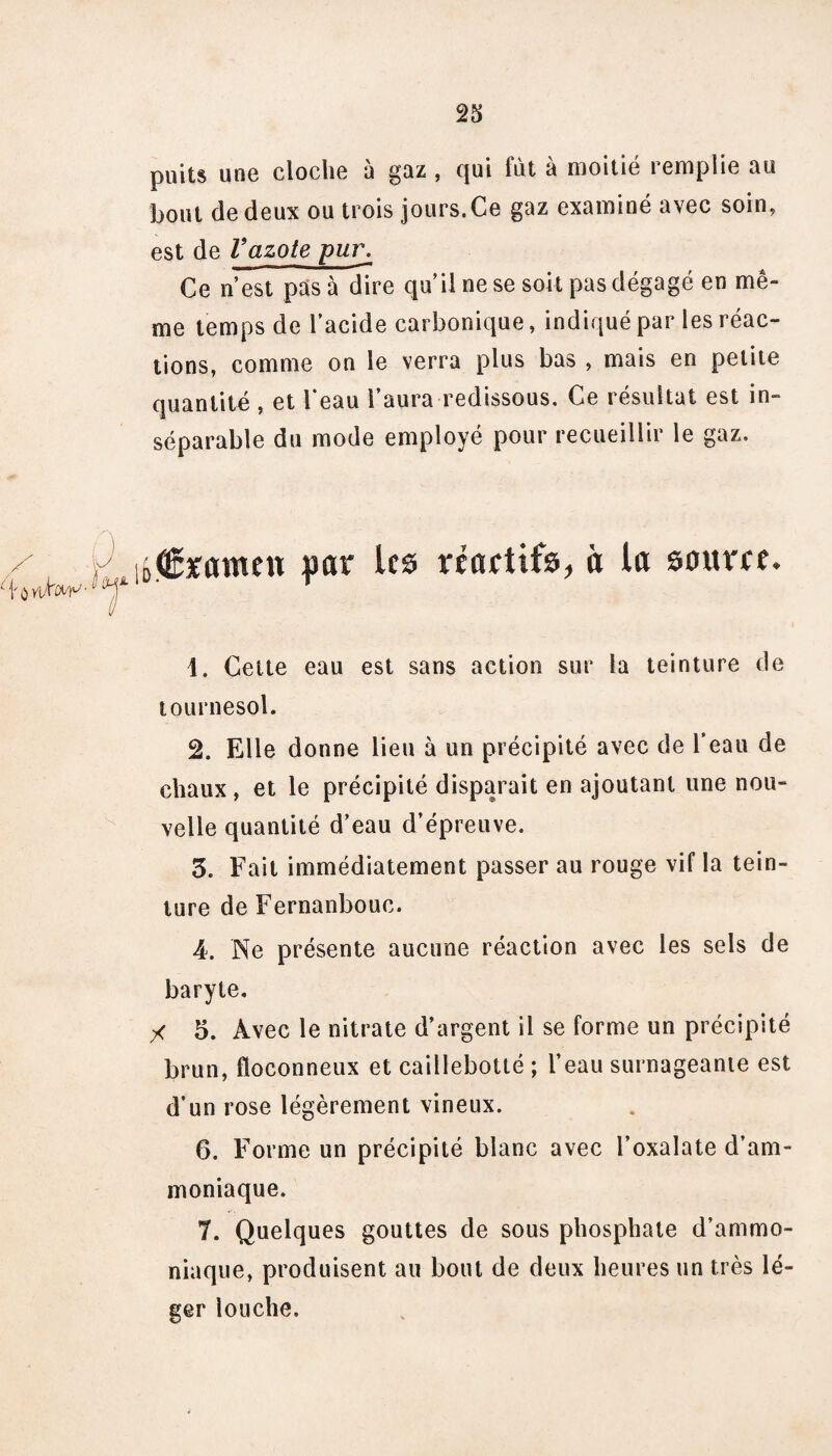 25 puits une cloche à gaz , qui fut à moitié remplie au bout de deux ou trois jours. Ce gaz examiné avec soin, est de Vazote pur\ Ce n’est pas à dire qu’il ne se soit pas dégagé en mê¬ me temps de l’acide carbonique, indiqué par les réac¬ tions, comme on le verra plus bas , mais en petite quantité , et beau l’aura redissous. Ce résultat est in¬ séparable du mode employé pour recueillir le gaz. ioCïflnmt par les réactifs, à la source. 1. Cette eau est sans action sur la teinture de tournesol. 2. Elle donne lieu à un précipité avec de l’eau de chaux, et le précipité disparait en ajoutant une nou¬ velle quantité d’eau d’épreuve. 3. Fait immédiatement passer au rouge vif la tein¬ ture de Fernanbouc. A. Ne présente aucune réaction avec les sels de baryte. / 5. Avec le nitrate d’argent il se forme un précipité brun, floconneux et caillebotté ; l’eau surnageante est d’un rose légèrement vineux. 6. Forme un précipité blanc avec l’oxalate d’am¬ moniaque. 7. Quelques gouttes de sous phosphate d’ammo¬ niaque, produisent au bout de deux heures un très lé¬ ger louche.