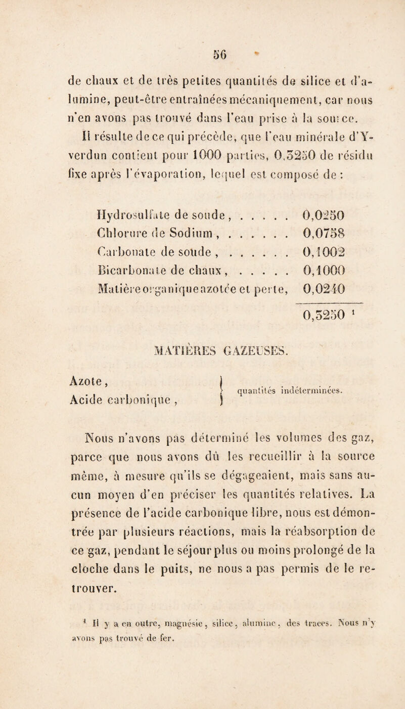 50 de clmux et de très petites quantités de silice et d’a¬ lumine, peut-être entraînées mécaniquement, car nous n’en avons pas trouvé dans l’eau prise à la sou; ce. Ii résulte de ce qui précède, que l'eau minérale d’Y- verdun contient pour 1000 parties, 0,5250 de résidu fixe après l’évaporation, lequel est composé de : Hydrosulfate de soude , ..... 0,0250 Chlorure de Sodium .. 0,0758 Carbonate de soude .. 0,1002 Bicarbonate de chaux ..0,1000 Matièreorganiqueazotce et pes te, 0,0210 0,5250 1 MATIÈRES GAZEUSES. Azote, | > quantités indéterminées. Acide carbonique , J Nous n’avons pas déterminé les volumes des gaz, parce que nous avons dû les recueillir à la source même, à mesure qu’ils se dégageaient, mais sans au¬ cun moyen d’en préciser les quantités relatives. La présence de l’acide carbonique libre, nous est démon¬ trée par plusieurs réactions, mais la réabsorption de ce gaz, pendant le séjour plus ou moins prolongé de la cloche dans le puits, ne nous a pas permis de le re¬ trouver. 1 II y a en outre, magnésie, silice, alumine, des traces. INous n’y avons pas trouvé de fer.