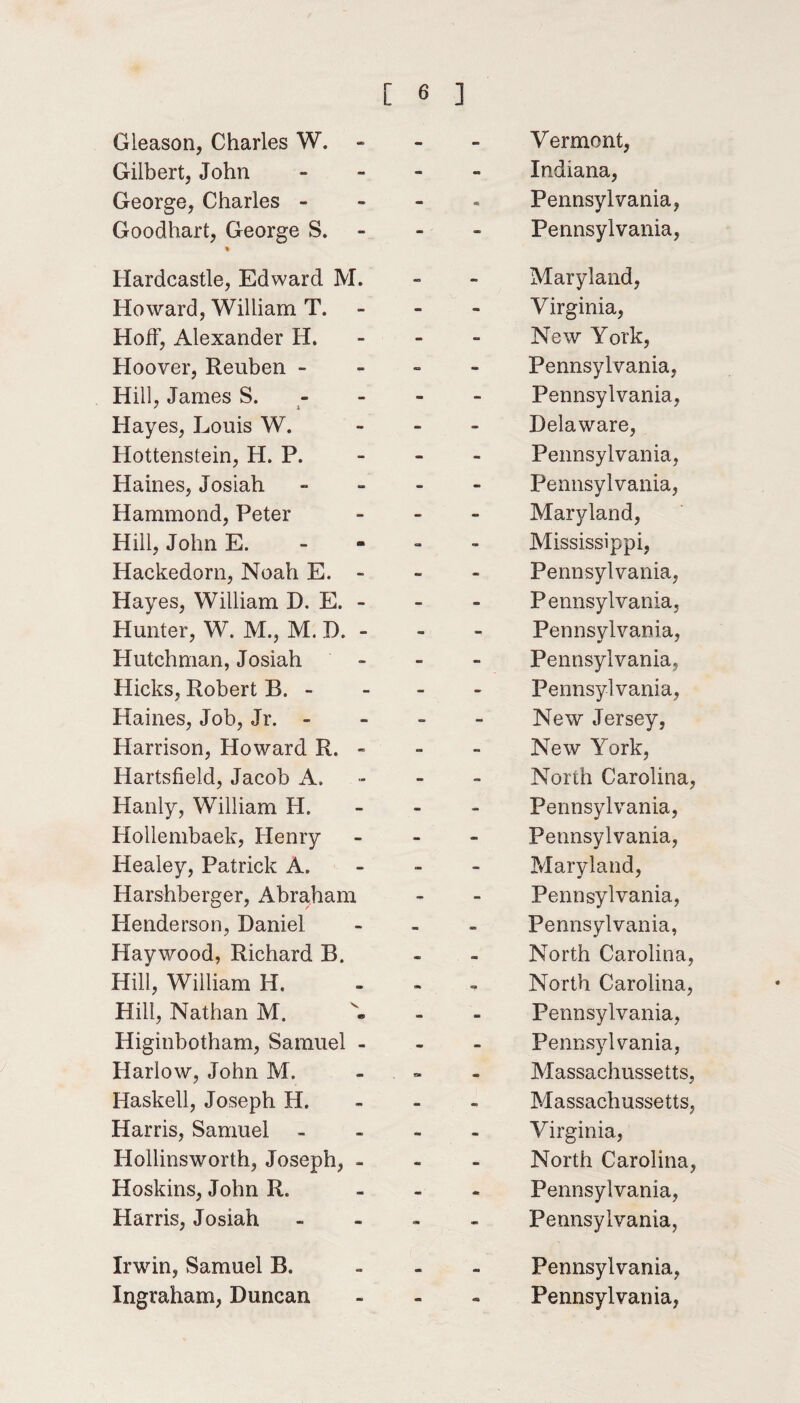 Gleason, Charles W. - - Vermont, Gilbert, John - mm Indiana, George, Charles - - m Pennsylvania, Goodhart, George S. % - ' - Pennsylvania, Hardcastle, Edward M. - - Maryland, Howard, William T. - - Virginia, Hoff, Alexander H. - - New York, Hoover, Reuben - - - Pennsylvania, Hill, James S. - - Pennsylvania, Hayes, Louis W. - - Delaware, Hottenstein, H. P. - - Pennsylvania, Haines, Josiah - - Pennsylvania, Hammond, Peter - - Maryland, Hill, John E. - Mississippi, Hackedorn, Noah E. - - - Pennsylvania, Hayes, William D. E. - - - Pennsylvania, Hunter, W. M., M. D. - - - Pennsylvania, Hutchman, Josiah - - Pennsylvania, Hicks, Robert B. - - - Pennsylvania, Haines, Job, Jr. - - - New Jersey, Harrison, Howard R. - - New York, Hartsfield, Jacob A, - - North Carolina, Hanly, William H. - - Pennsylvania, Hollembaek, Henry - - Pennsylvania, Healey, Patrick A. - - Maryland, Harshberger, Abraham - - Pennsylvania, Henderson, Daniel - - Pennsylvania, Haywood, Richard B. <m - - North Carolina, Hill, William H. a* North Carolina, Hill, Nathan M. - fit Pennsylvania, Higinbotham, Samuel - - - Pennsylvania, Harlow, John M. rm - Massachussetts, Haskell, Joseph H. - • Massachussetts, Harris, Samuel - - - Virginia, Hollinsworth, Joseph, - <*» - North Carolina, Hoskins, John R. <s* Pennsylvania, Harris, Josiah - - Pennsylvania, Irwin, Samuel B. - Pennsylvania,