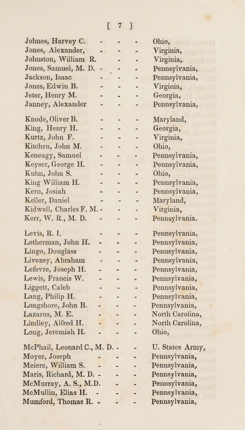 Johnes, Harvey C. - - Ohio, Jones, Alexander, - - Virginia, Johnston, William R. - mm Virginia, Jones, Samuel, M. D. - am \ - Pennsylvania, Jackson, Isaac - Pennsylvania, Jones, Edwin B. mm - , Virginia, Jeter, Henry M. •0 - Georgia, Janney, Alexander - Pennsylvania, Knode, Oliver B. - - Maryland, King, Henry H. - Georgia, Kurtz, John F. - - Virginia, Kitchen, John M. - - Ohio, Keneagy, Samuel - mm Pennsylvania, Keyser, George H. - - Pennsylvania, Kuhn, John S. mm - Ohio, King William H. - ■» Pennsylvania, Kern, Josiah • Oft Pennsylvania, Keller, Daniel - - Maryland, Kid well, Charles F. M. - - m Virginia, Kerr, W. R., M. D. - - Pennsylvania. Levis, R. I. - am Pennsylvania, Letherman, John H. - am Pennsylvania, Lingo, Douglass - - Pennsylvania, Livezey, Abraham - - Pennsylvania, Lefevre, Joseph H. - mm Pennsylvania, Lewis, Francis W. - Pennsylvania, Liggett, Caleb - - Pennsylvania, Lang, Philip H. - am Pennsylvania, Longshore, John B. - - Pennsylvania, Lazarus, M. E. - - North Carolina, Lindley, Alfred H. - - North Carolina, Long, Jeremiah H. - - Ohio, McPhail, Leonard C., M. D. - m U. States Army, Moyer, Joseph - - Pennsylvania, Meiere, William S. - ao Pennsylvania, Maris, Richard, M. D. - - - Pennsylvania, McMurray, A. S., M.D. - - Pennsylvania, McMullin, Elias H. - - - Pennsylvania,