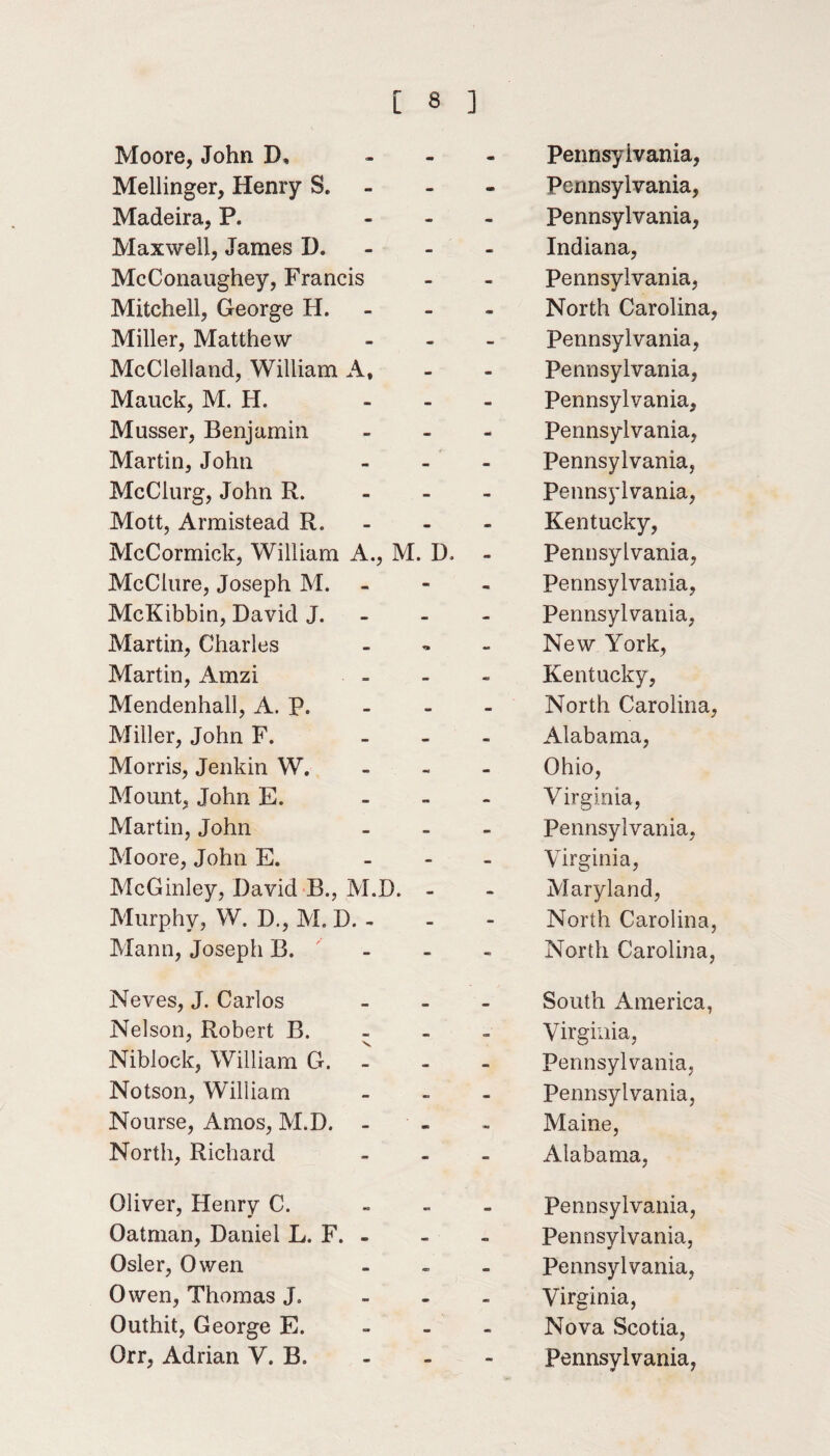 Moore, John D, - Mellinger, Henry S. Madeira, P. - Maxwell, James D. McConaughey, Francis Mitchell, George H. Miller, Matthew McClelland, William A, Mauck, M. H. - Musser, Benjamin Martin, John McClurg, John R. Mott, Armistead R. McCormick, William A., M. D. McClure, Joseph M. McKibbin, David J. Martin, Charles Martin, Amzi Mendenhall, A. P. Miller, John F. - Morris, Jenkin W. Mount, John E. - Martin, John Moore, John E. - McGinley, David B., M.D. - Murphy, W. D., M. D. - Mann, Joseph B. ' Neves, J. Carlos Nelson, Robert B. - Niblock, William G. Notson, William Nourse, Amos, M.D. - North, Richard Oliver, Henry C. - Oatman, Daniel L. F. - Osier, Owen Owen, Thomas J. Outhit, George E. Pennsylvania, Pennsylvania, Pennsylvania, Indiana, Pennsylvania, North Carolina, Pennsylvania, Pennsylvania, Pennsylvania, Pennsylvania, Pennsylvania, Pennsylvania, Kentucky, Pennsylvania, Pennsylvania, Pennsylvania, New York, Kentucky, North Carolina, Alabama, Ohio, Virginia, Pennsylvania, Virginia, Maryland, North Carolina, North Carolina, South America, Virginia, Pennsylvania, Pennsylvania, Maine, Alabama, Pennsylvania, Pennsylvania, Pennsylvania, Virginia, Nova Scotia,