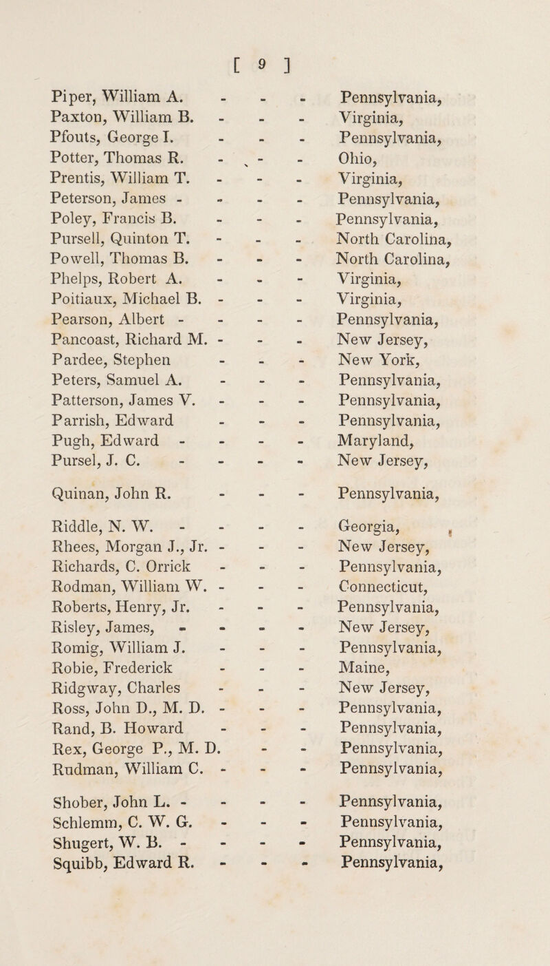 Piper, William A. Paxton, William B. Pfouts, George I. Potter, Thomas R. Prentis, William T. Peterson, James - Poley, Francis B. Pursell, Quinton T. Powell, Thomas B. Phelps, Robert A. Poitiaux, Michael B. - Pearson, Albert - Pancoast, Richard M. - Pardee, Stephen Peters, Samuel A. Patterson, James Y. Parrish, Edward Pugh, Edward Pursel, J. C. Quinan, John R. Riddle, N. W. - Rhees, Morgan J., Jr. - Richards, C. Orrick Rodman, William W. - Roberts, Henry, Jr. Risley, James, Romig, William J. Robie, Frederick Ridgway, Charles Ross, John D., M. D. - Rand, B. Howard Rex, George P., M. D. Rudman, William C. - Shober, John L. - Schlemm, C. W. G. Shugert, W. B. - Pennsylvania, Virginia, Pennsylvania, Ohio, Virginia, Pennsylvania, Pennsylvania, North Carolina, North Carolina, Virginia, Virginia, Pennsylvania, New Jersey, New York, Pennsylvania, Pennsylvania, Pennsylvania, Maryland, New Jersey, Pennsylvania, Georgia, f New Jersey, Pennsylvania, Connecticut, Pennsylvania, New Jersey, Pennsylvania, Maine, New Jersey, Pennsylvania, Pennsylvania, Pennsylvania, Pennsylvania, Pennsylvania, Pennsylvania, Pennsylvania,